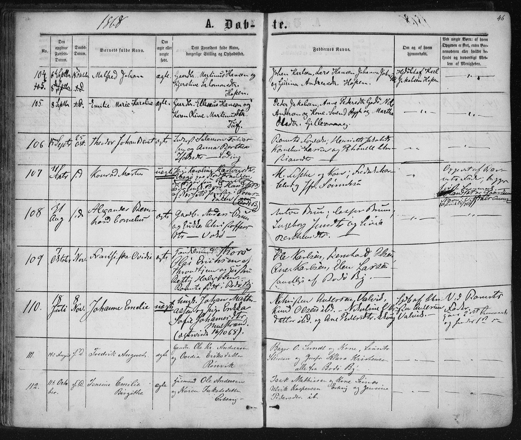 Ministerialprotokoller, klokkerbøker og fødselsregistre - Nordland, AV/SAT-A-1459/801/L0008: Parish register (official) no. 801A08, 1864-1875, p. 46