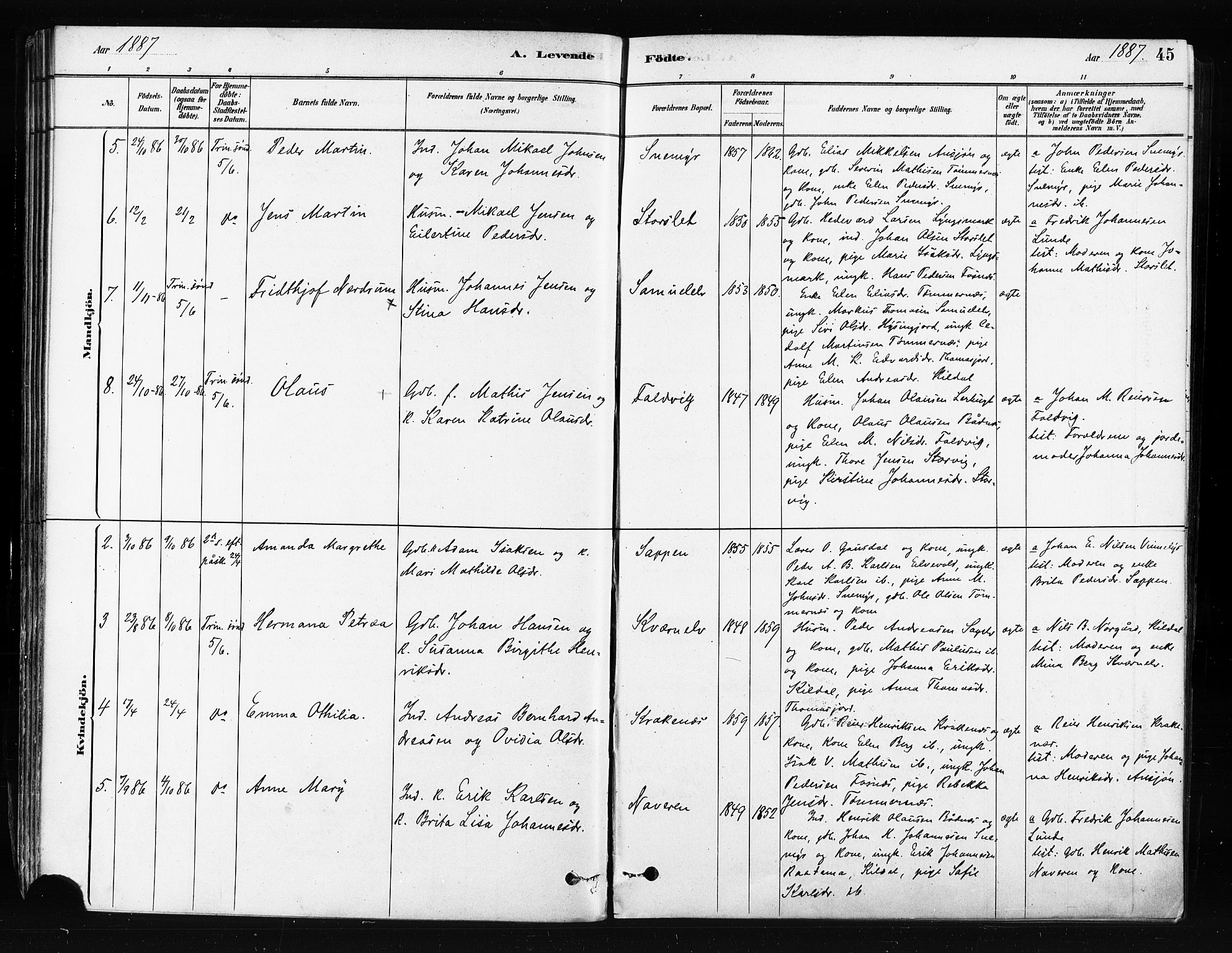 Skjervøy sokneprestkontor, AV/SATØ-S-1300/H/Ha/Haa/L0014kirke: Parish register (official) no. 14, 1878-1894, p. 45