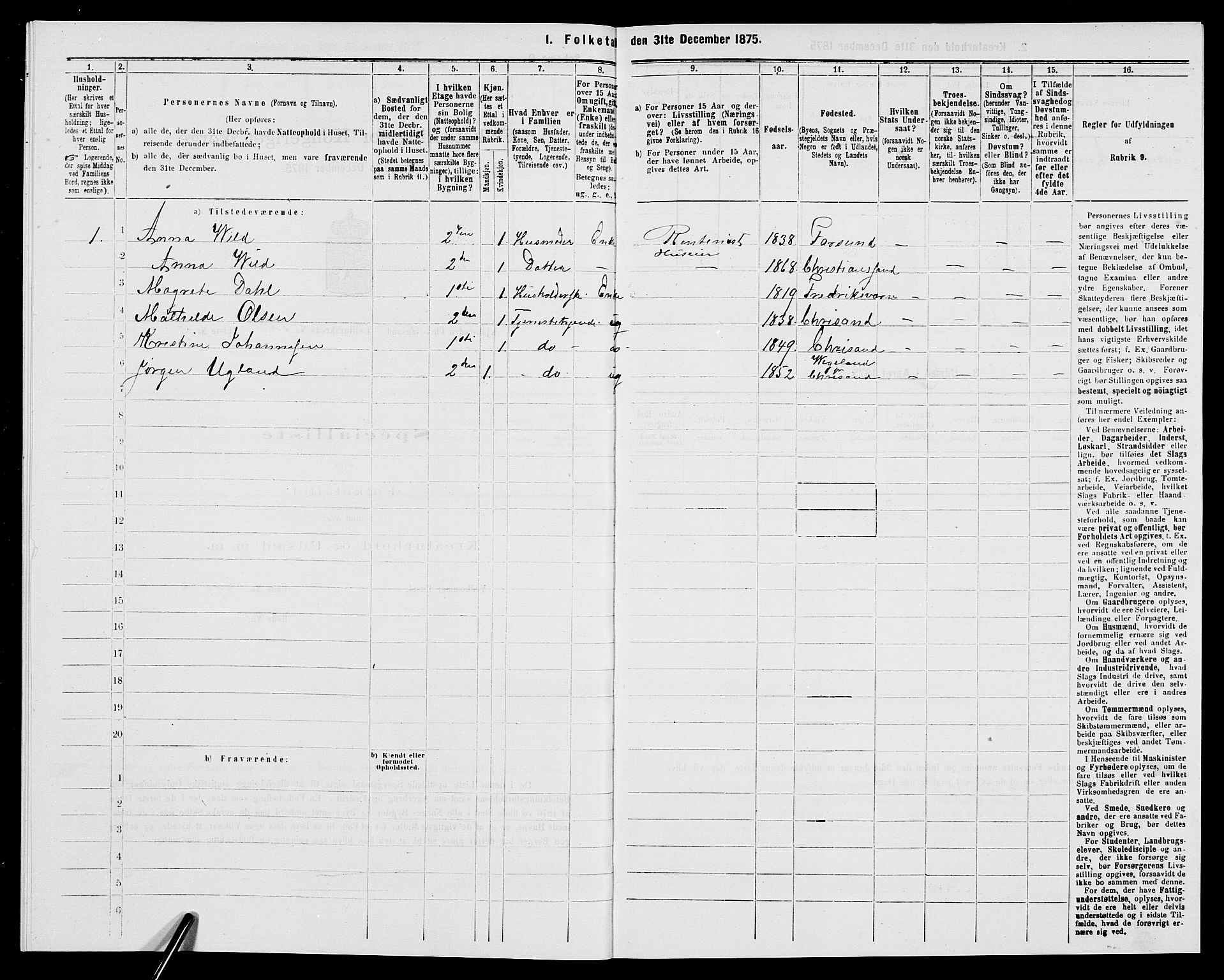 SAK, 1875 census for 1001P Kristiansand, 1875, p. 1947