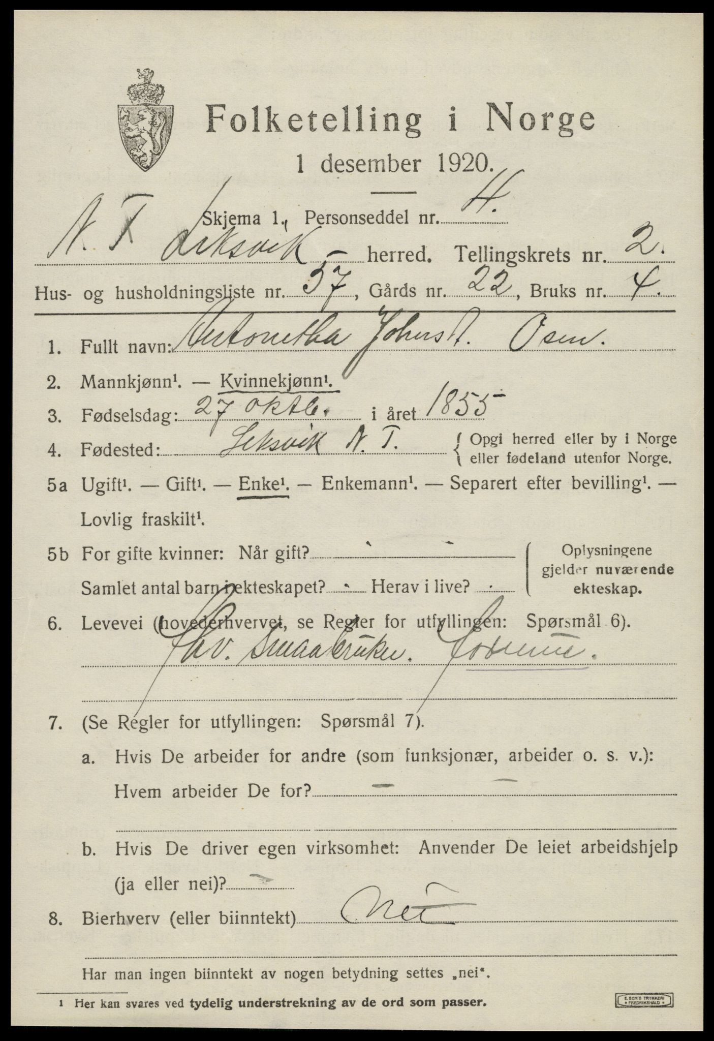 SAT, 1920 census for Leksvik, 1920, p. 2396