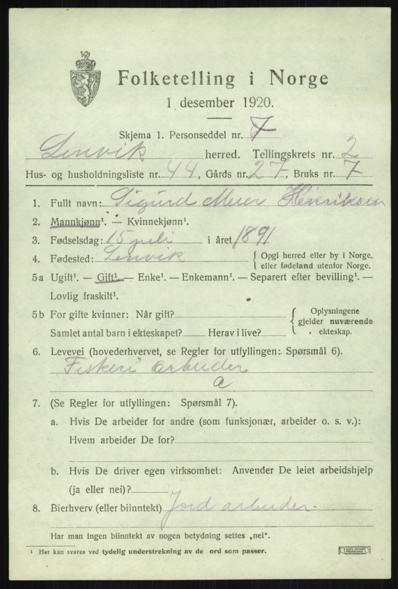SATØ, 1920 census for Lenvik, 1920, p. 3780