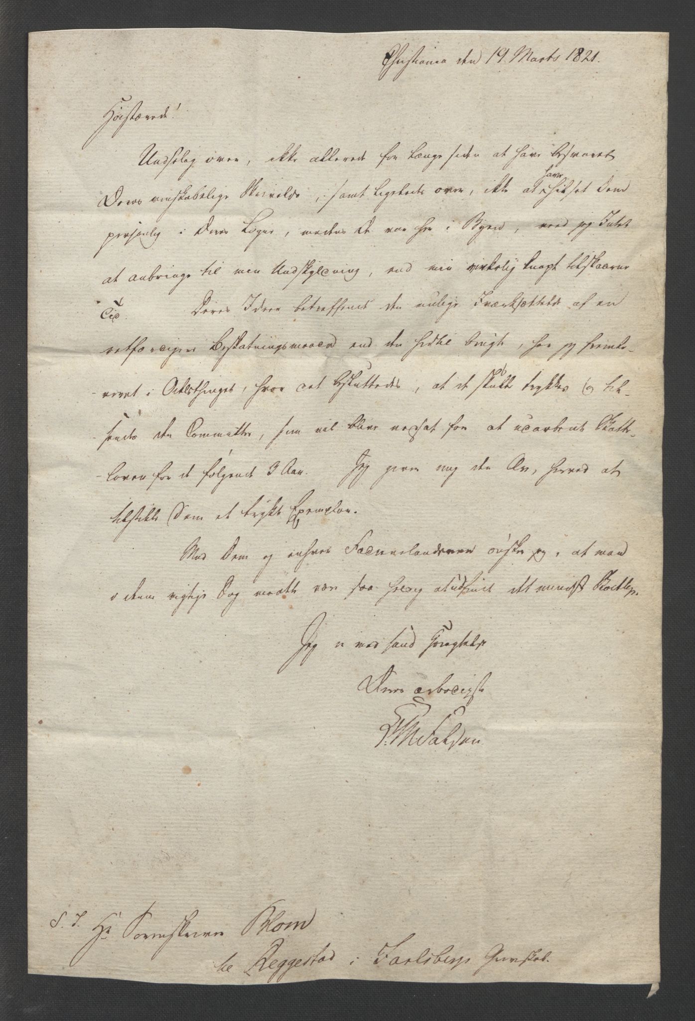 Blom, Gustav Peter, RA/PA-0568/F/L0002/0003: Transkripsjoner, brev og manuskript / To brev til G.P. Blom fra Chr. Falsen 1821 og Herman Wedel Jarlsberg 1838, p. 3