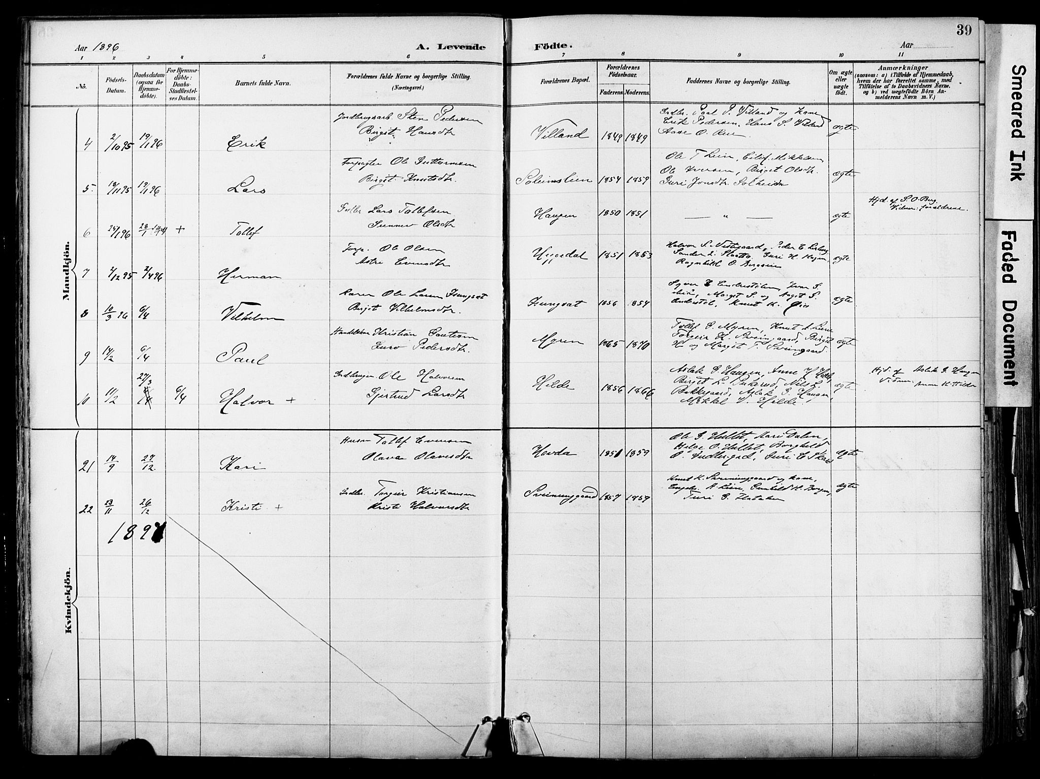 Hol kirkebøker, AV/SAKO-A-227/F/Fa/L0003: Parish register (official) no. I 3, 1887-1918, p. 39