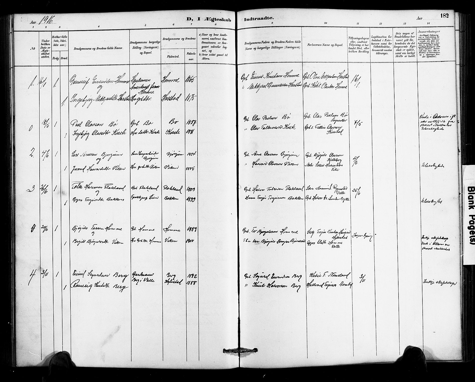 Valle sokneprestkontor, SAK/1111-0044/F/Fb/Fbc/L0004: Parish register (copy) no. B 4, 1890-1928, p. 182