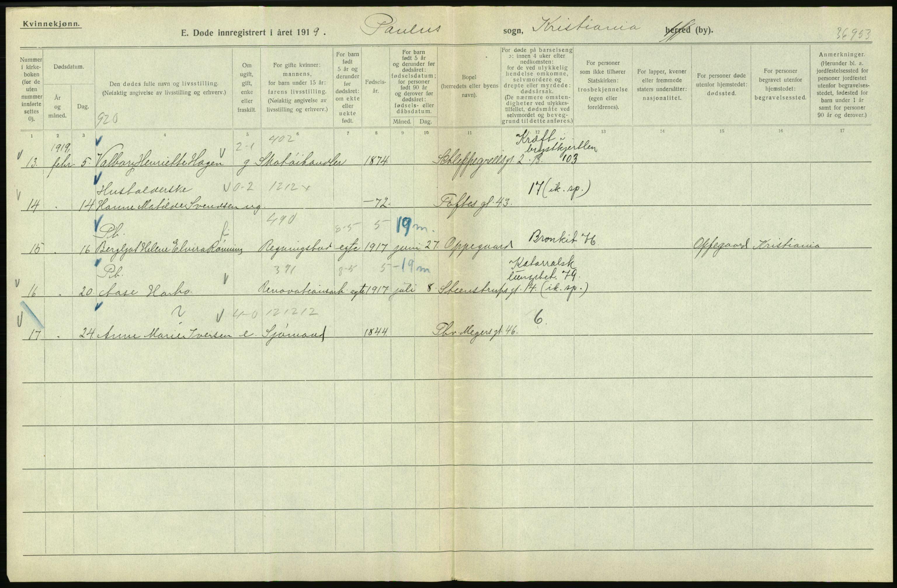 Statistisk sentralbyrå, Sosiodemografiske emner, Befolkning, AV/RA-S-2228/D/Df/Dfb/Dfbi/L0010: Kristiania: Døde, 1919, p. 596