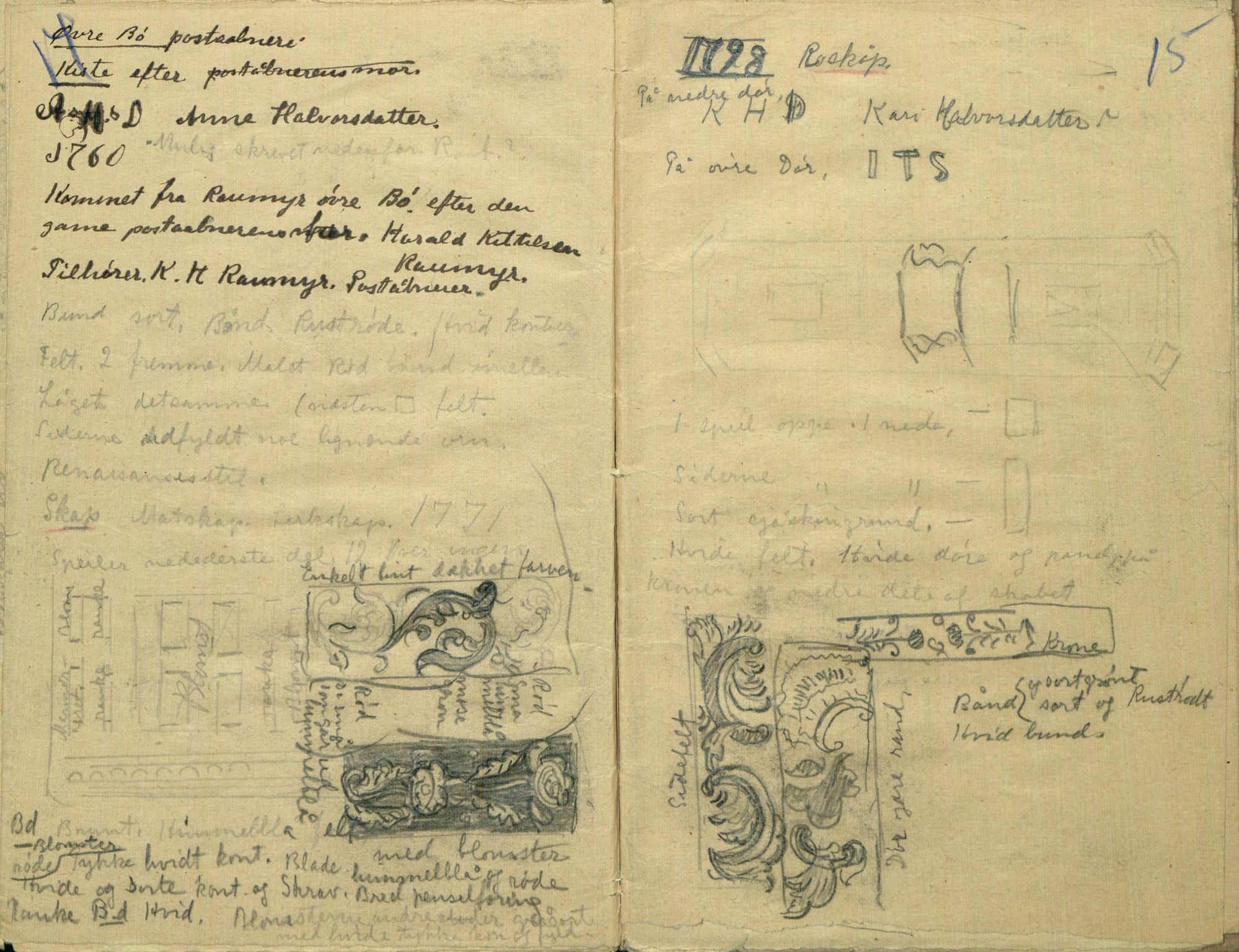 Rikard Berge, TEMU/TGM-A-1003/F/L0005/0021: 160-200 / 180 Bø. Tegninger av skåp, kister, bollar m.m. , 1907, p. 14-15