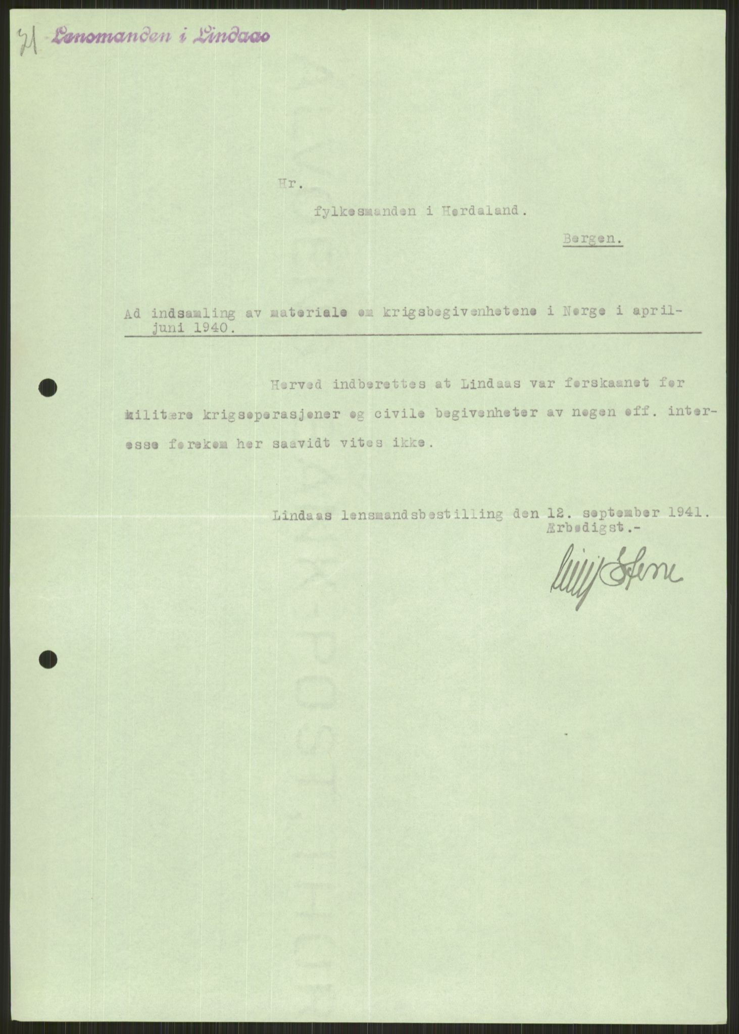 Forsvaret, Forsvarets krigshistoriske avdeling, AV/RA-RAFA-2017/Y/Ya/L0015: II-C-11-31 - Fylkesmenn.  Rapporter om krigsbegivenhetene 1940., 1940, p. 377