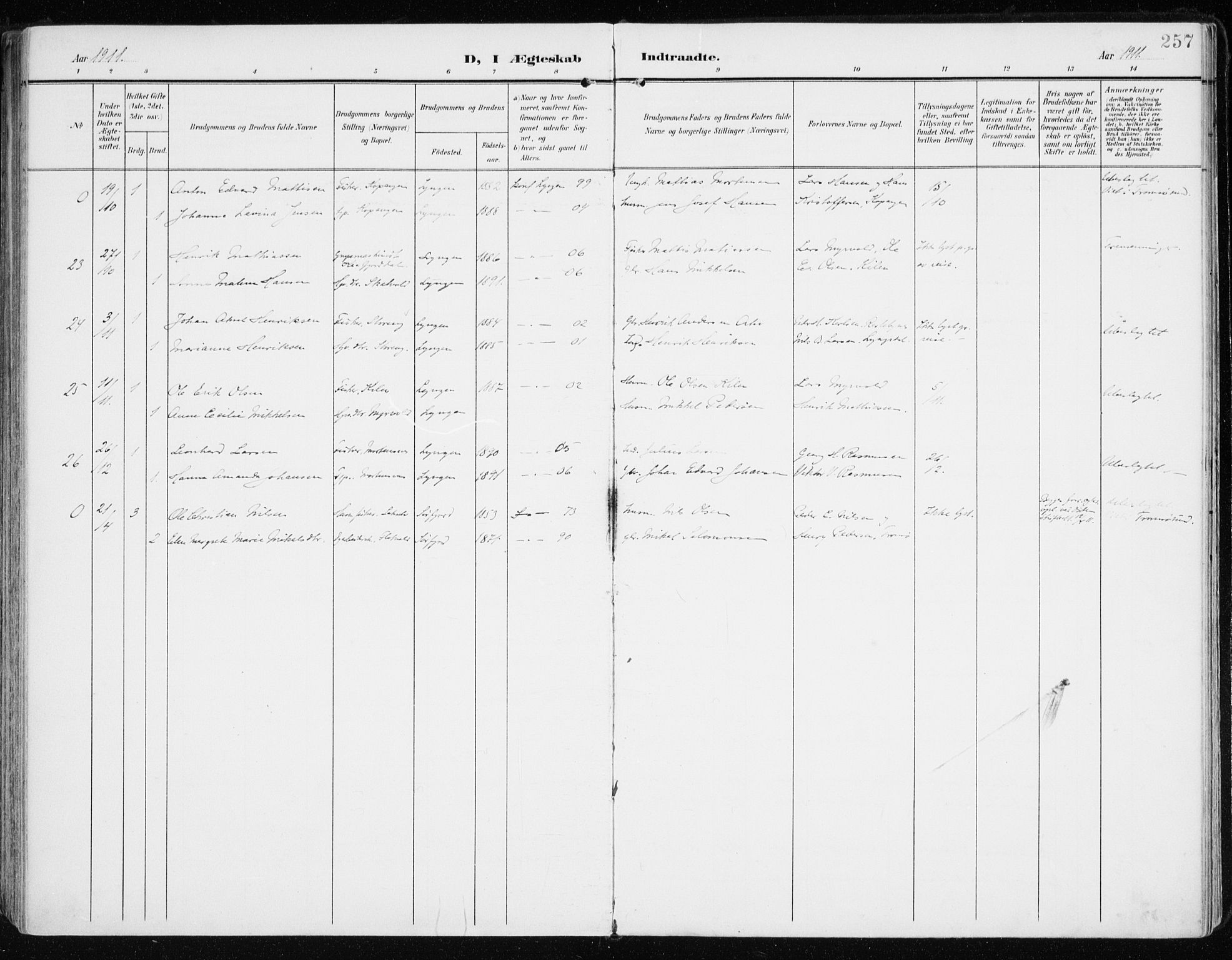 Lyngen sokneprestembete, AV/SATØ-S-1289/H/He/Hea/L0011kirke: Parish register (official) no. 11, 1903-1913, p. 257