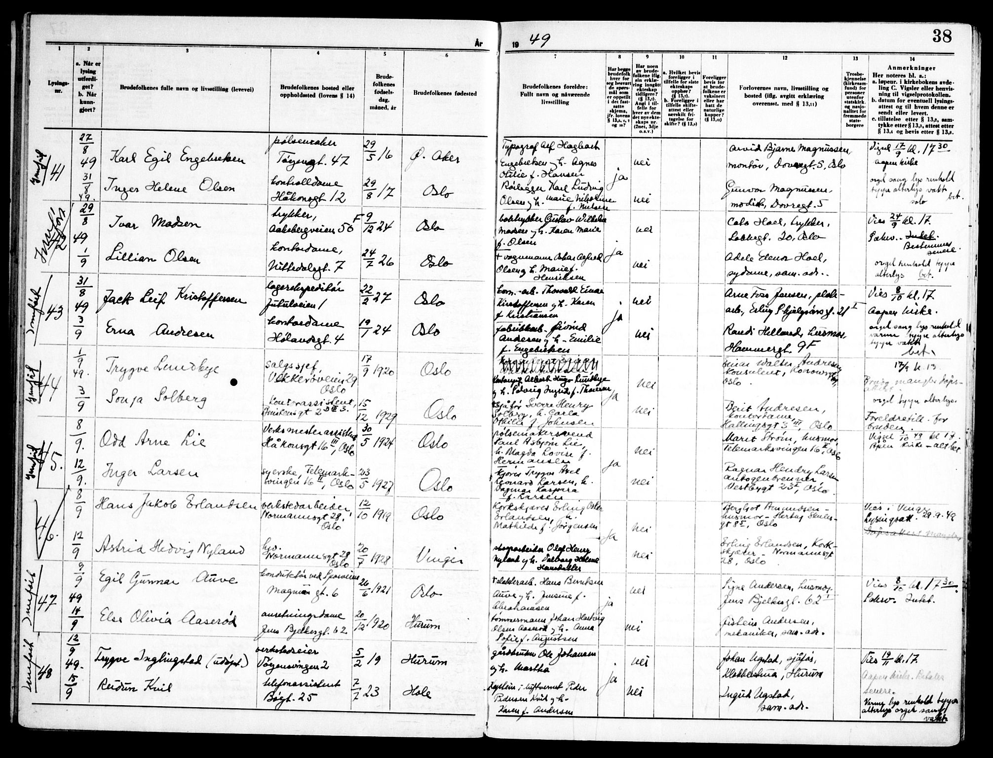 Kampen prestekontor Kirkebøker, AV/SAO-A-10853/H/Ha/L0008: Banns register no. 8, 1946-1956, p. 38