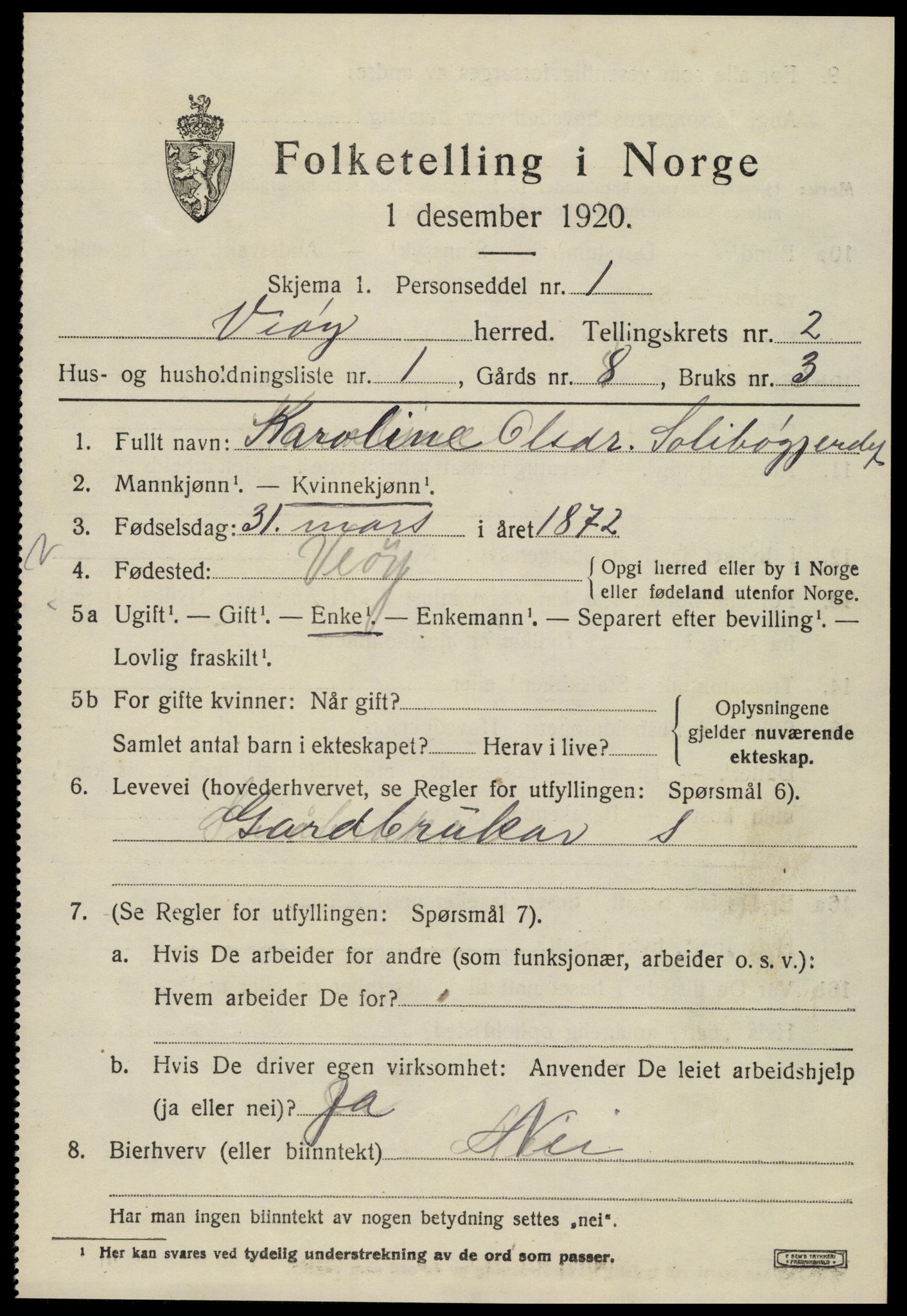 SAT, 1920 census for Veøy, 1920, p. 1259