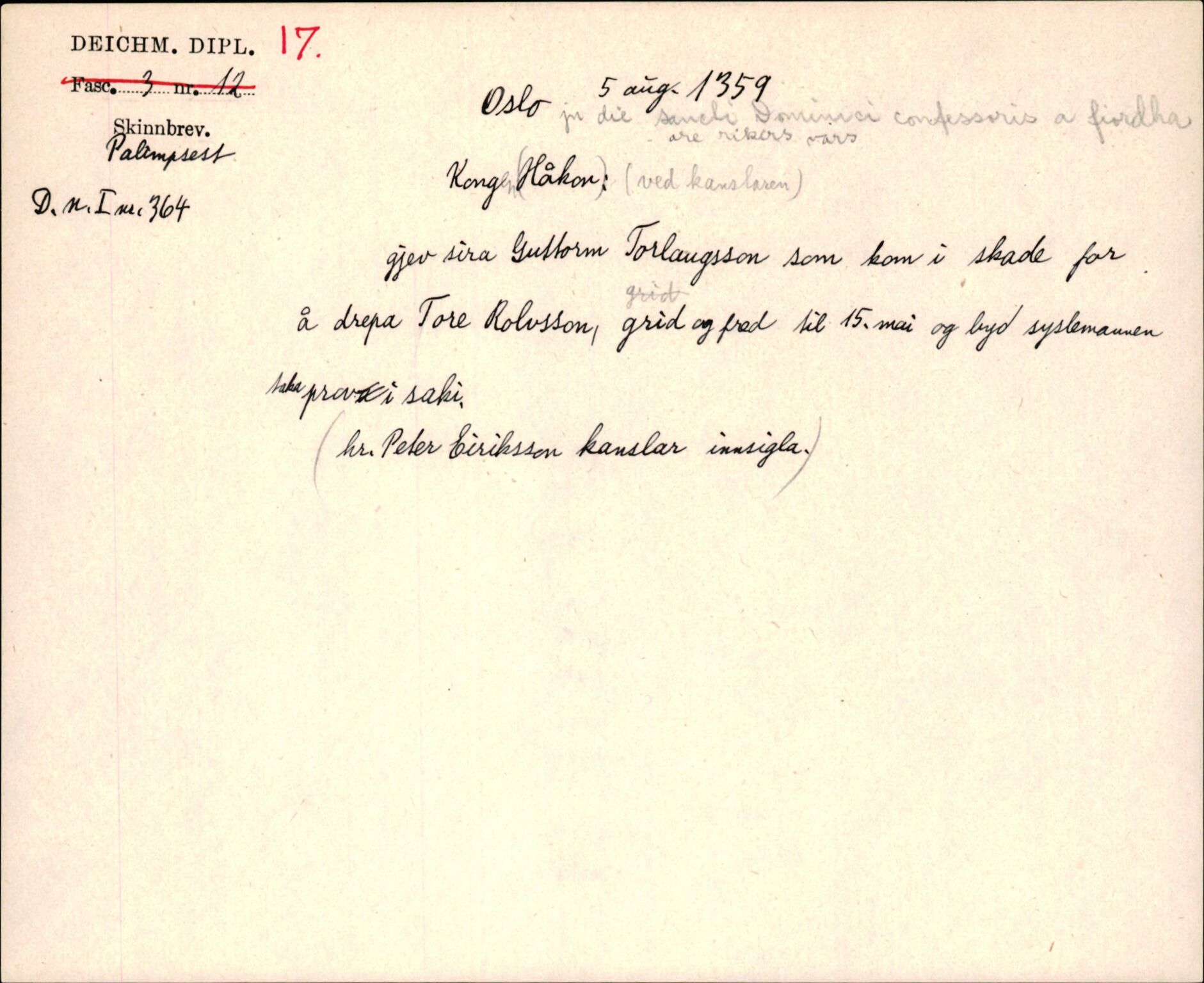 Riksarkivets diplomsamling, AV/RA-EA-5965/F35/F35j/L0001: Regestsedler: Deichmanske diplomer nr. 1-450, p. 39