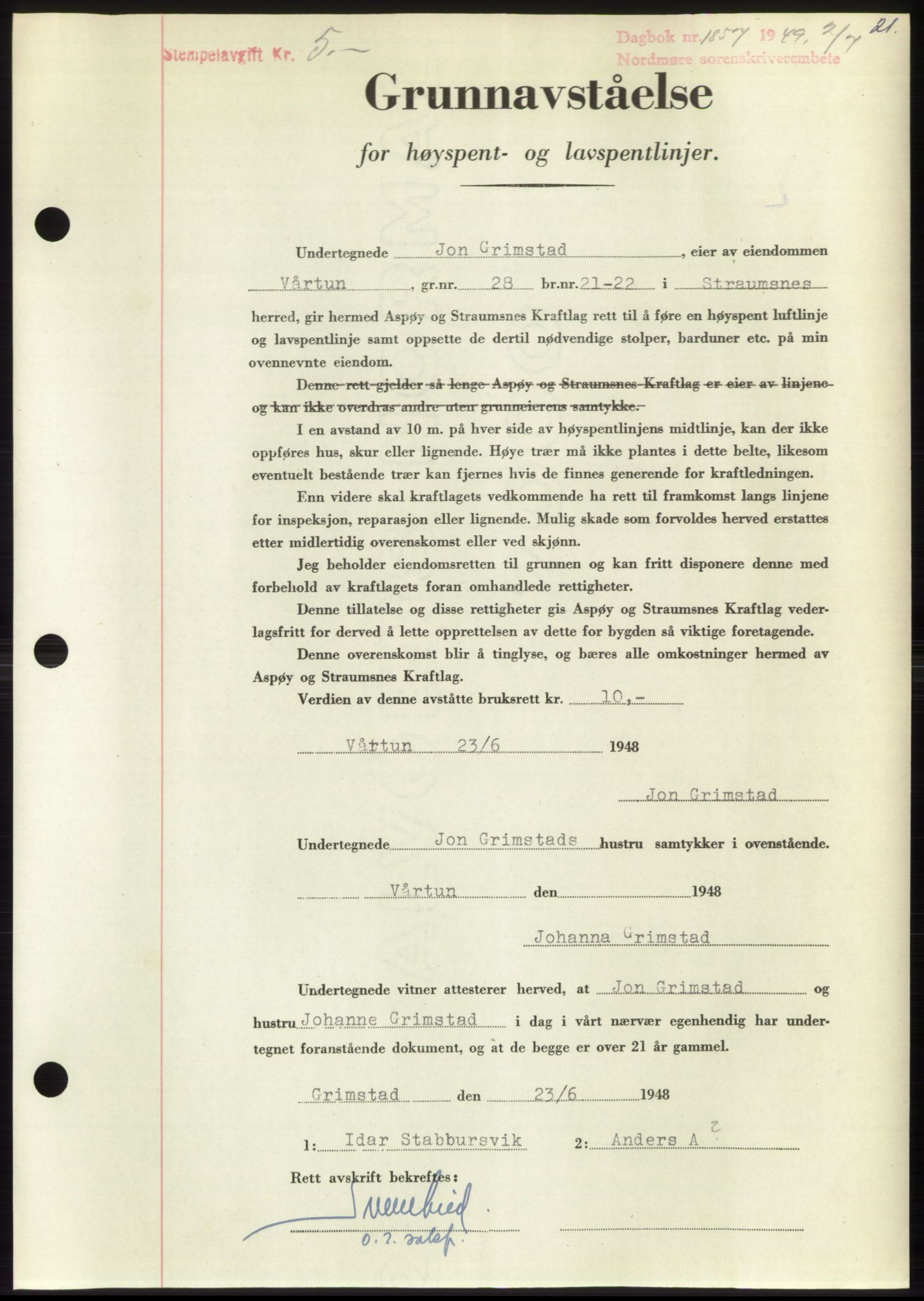 Nordmøre sorenskriveri, AV/SAT-A-4132/1/2/2Ca: Mortgage book no. B102, 1949-1949, Diary no: : 1857/1949