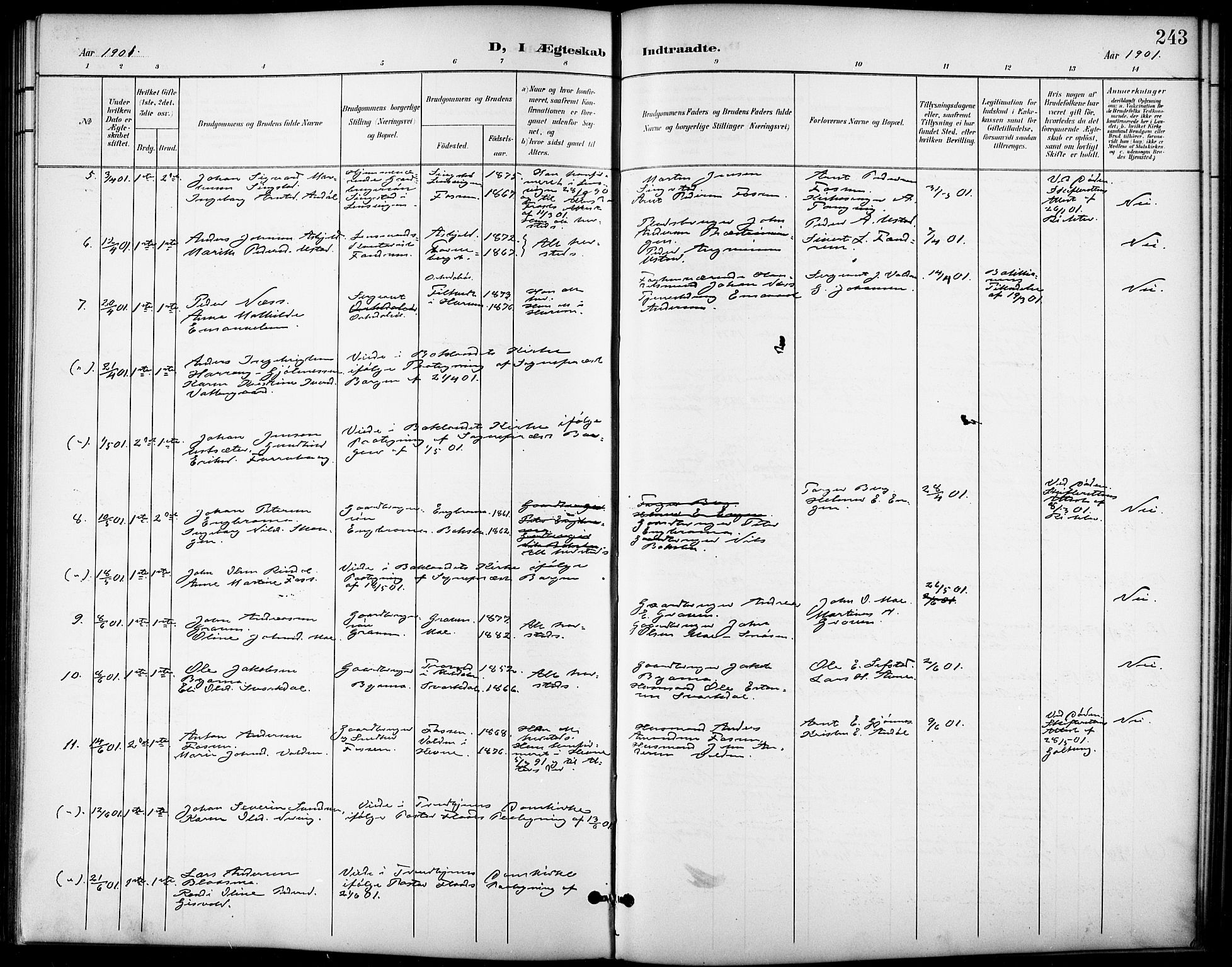 Ministerialprotokoller, klokkerbøker og fødselsregistre - Sør-Trøndelag, SAT/A-1456/668/L0819: Parish register (copy) no. 668C08, 1899-1912, p. 243