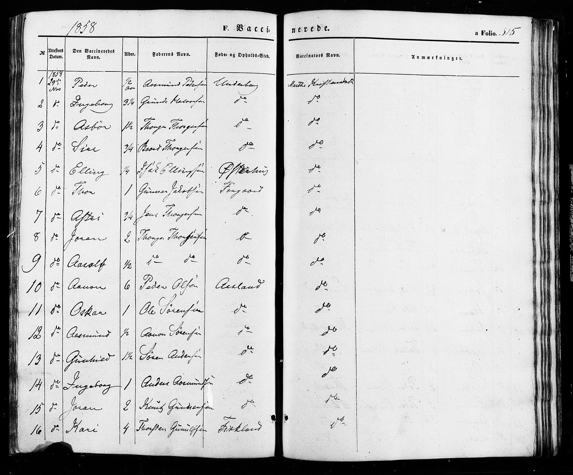 Åseral sokneprestkontor, SAK/1111-0051/F/Fa/L0002: Parish register (official) no. A 2, 1854-1884, p. 515