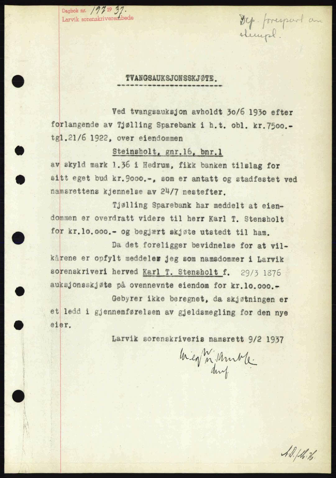 Larvik sorenskriveri, SAKO/A-83/G/Ga/Gab/L0067: Mortgage book no. A-1, 1936-1937, Diary no: : 197/1937