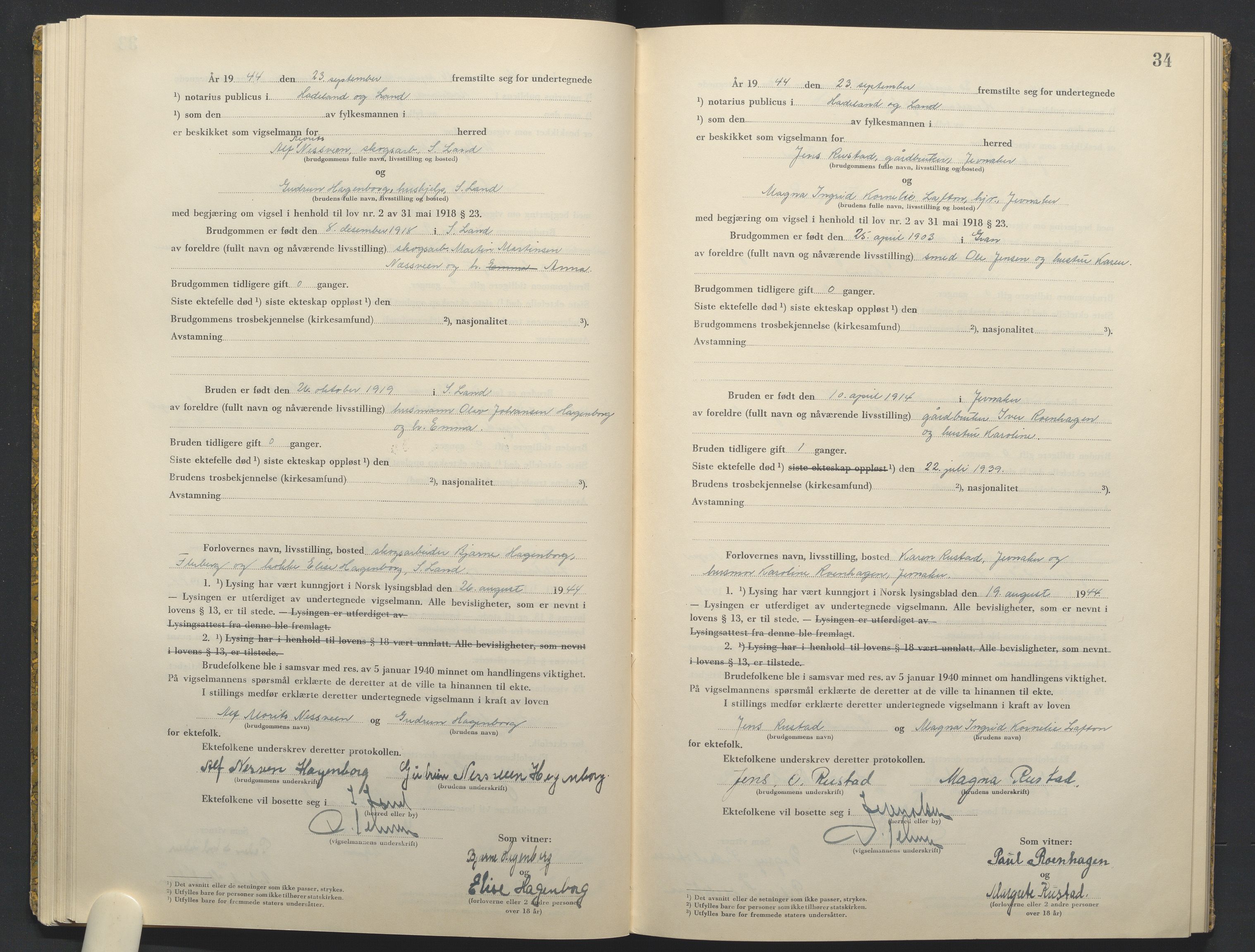 Hadeland og Land tingrett, AV/SAH-TING-010/L/Lb/L0003: Vigselbok, 1944-1946, p. 34