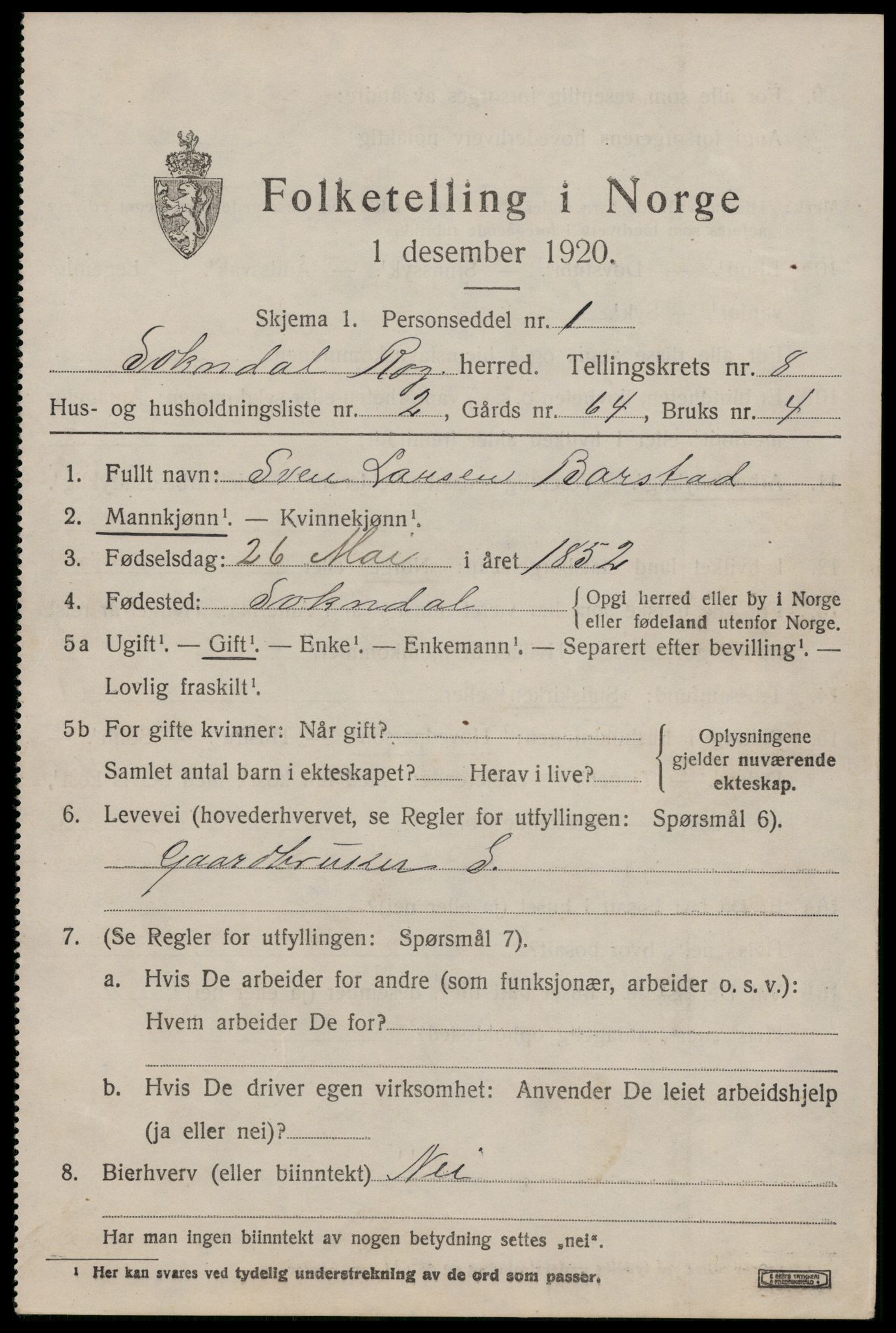 SAST, 1920 census for Sokndal, 1920, p. 4819