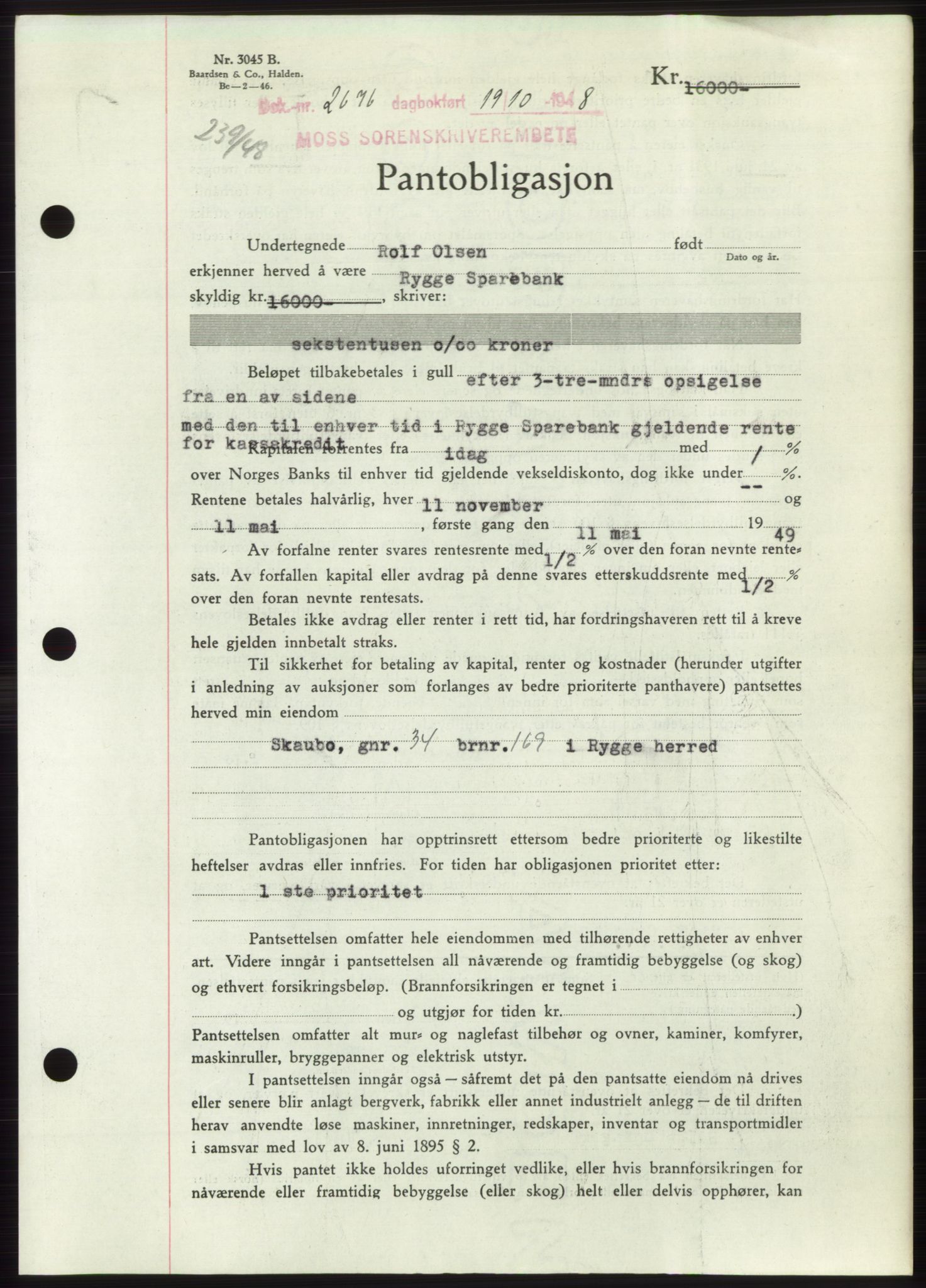 Moss sorenskriveri, AV/SAO-A-10168: Mortgage book no. B20, 1948-1948, Diary no: : 2676/1948