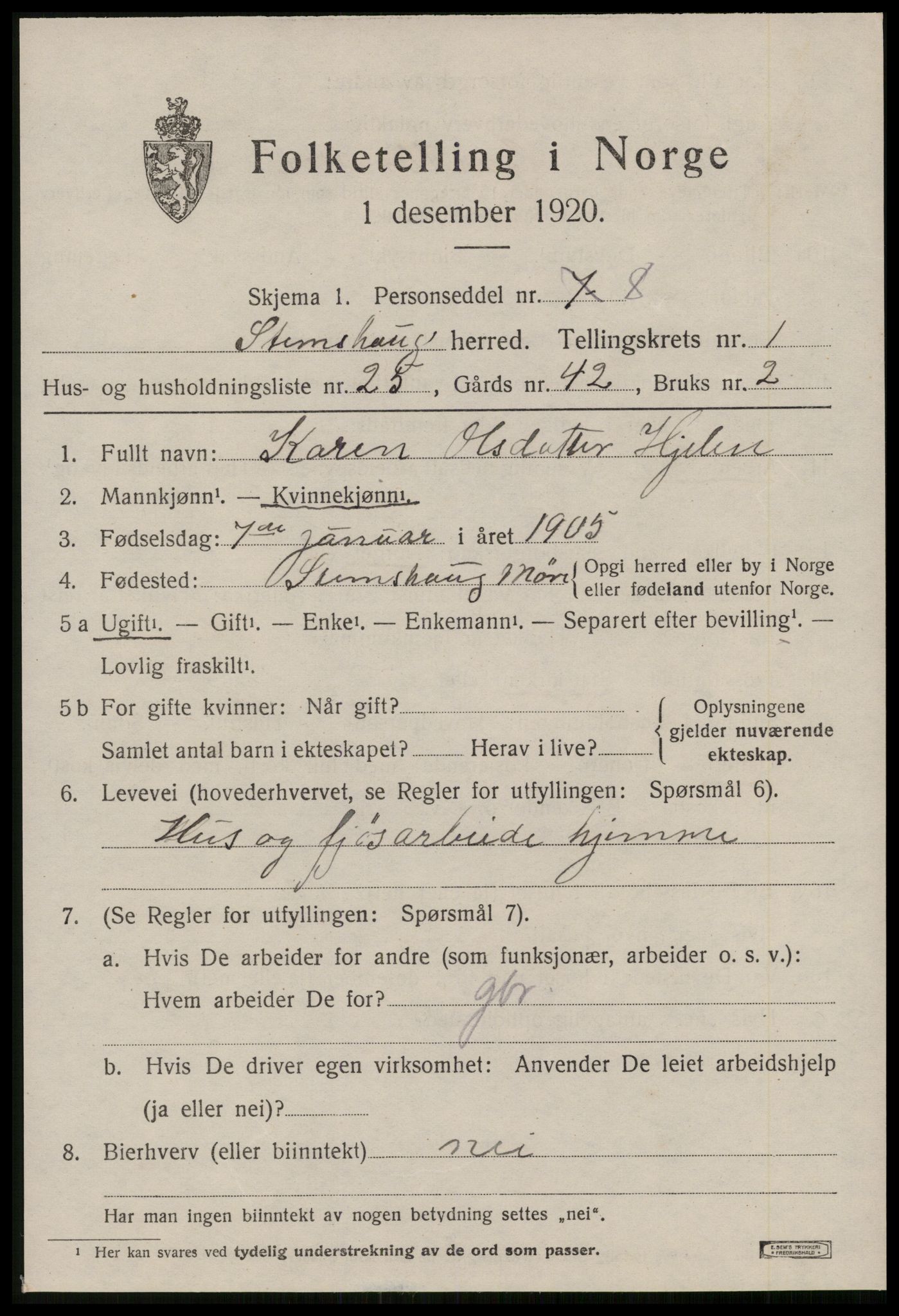 SAT, 1920 census for Stemshaug, 1920, p. 652