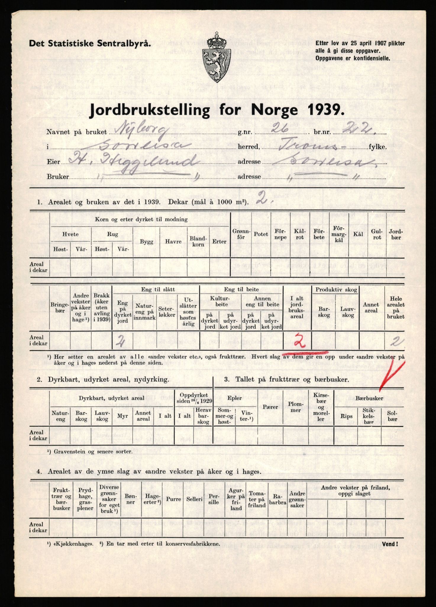 Statistisk sentralbyrå, Næringsøkonomiske emner, Jordbruk, skogbruk, jakt, fiske og fangst, AV/RA-S-2234/G/Gb/L0341: Troms: Sørreisa og Tranøy, 1939, p. 54