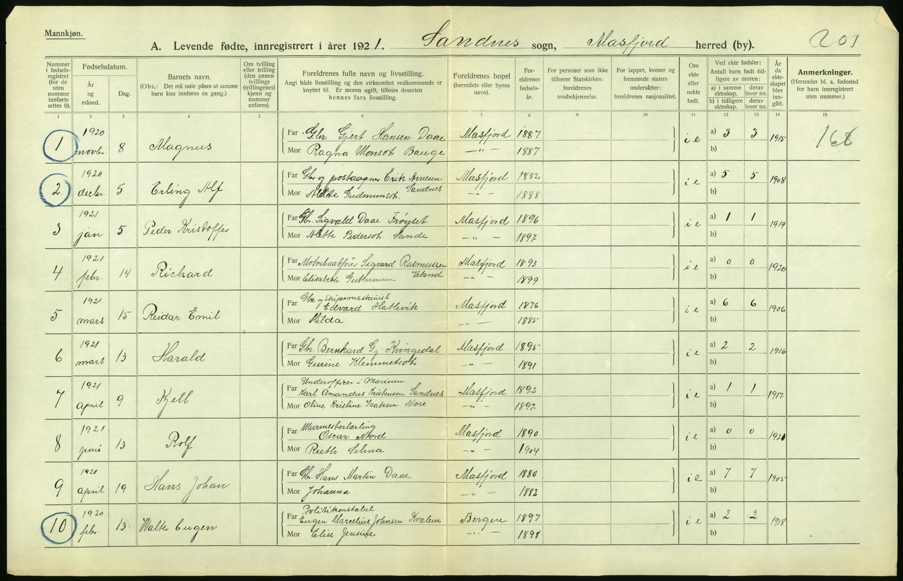 Statistisk sentralbyrå, Sosiodemografiske emner, Befolkning, AV/RA-S-2228/D/Df/Dfc/Dfca/L0031: Hordaland fylke: Levendefødte menn og kvinner. Bygder., 1921, p. 6