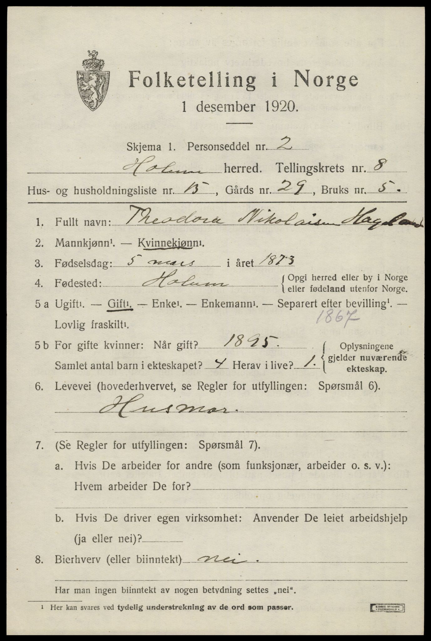 SAK, 1920 census for Holum, 1920, p. 2633