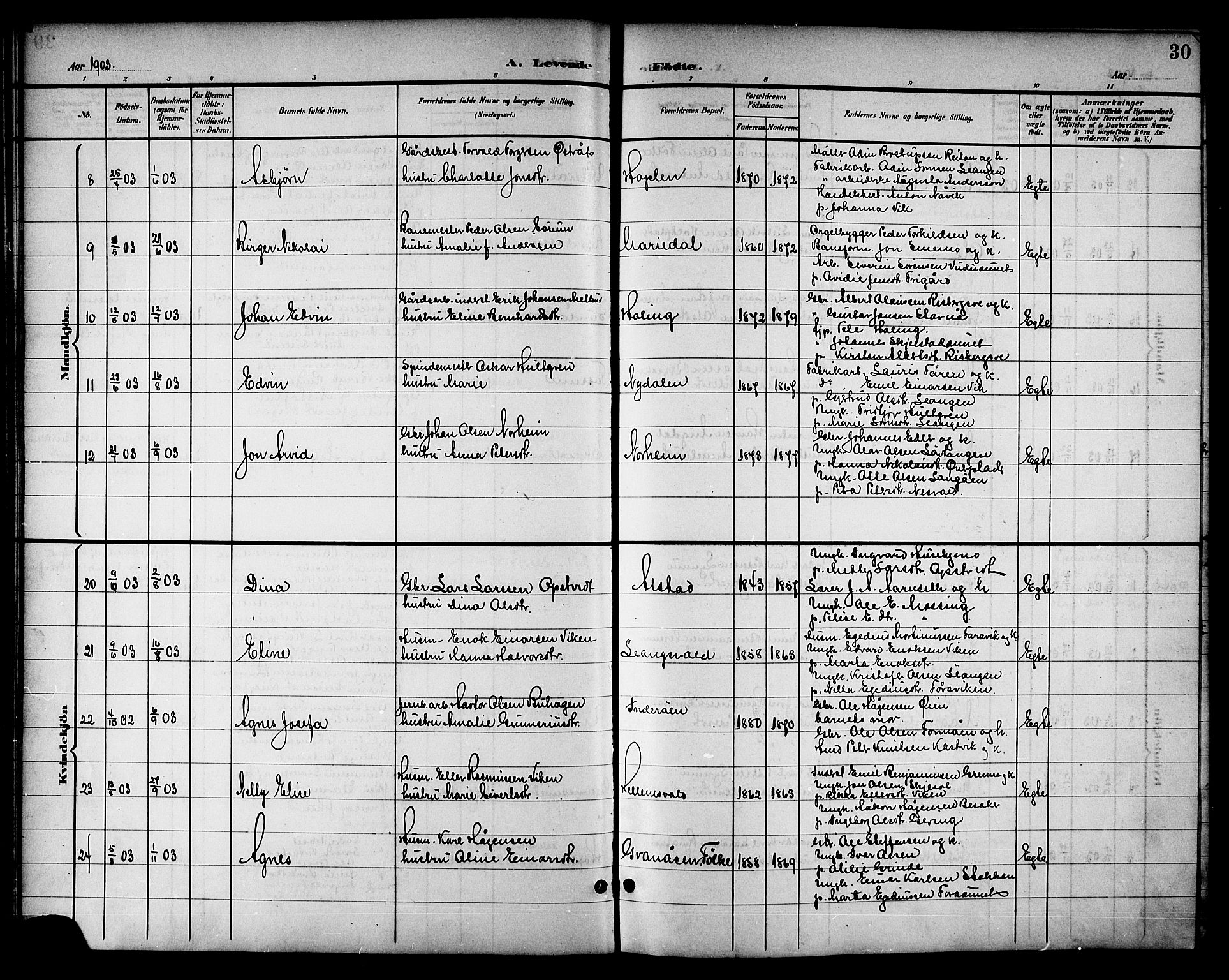 Ministerialprotokoller, klokkerbøker og fødselsregistre - Nord-Trøndelag, SAT/A-1458/714/L0135: Parish register (copy) no. 714C04, 1899-1918, p. 30