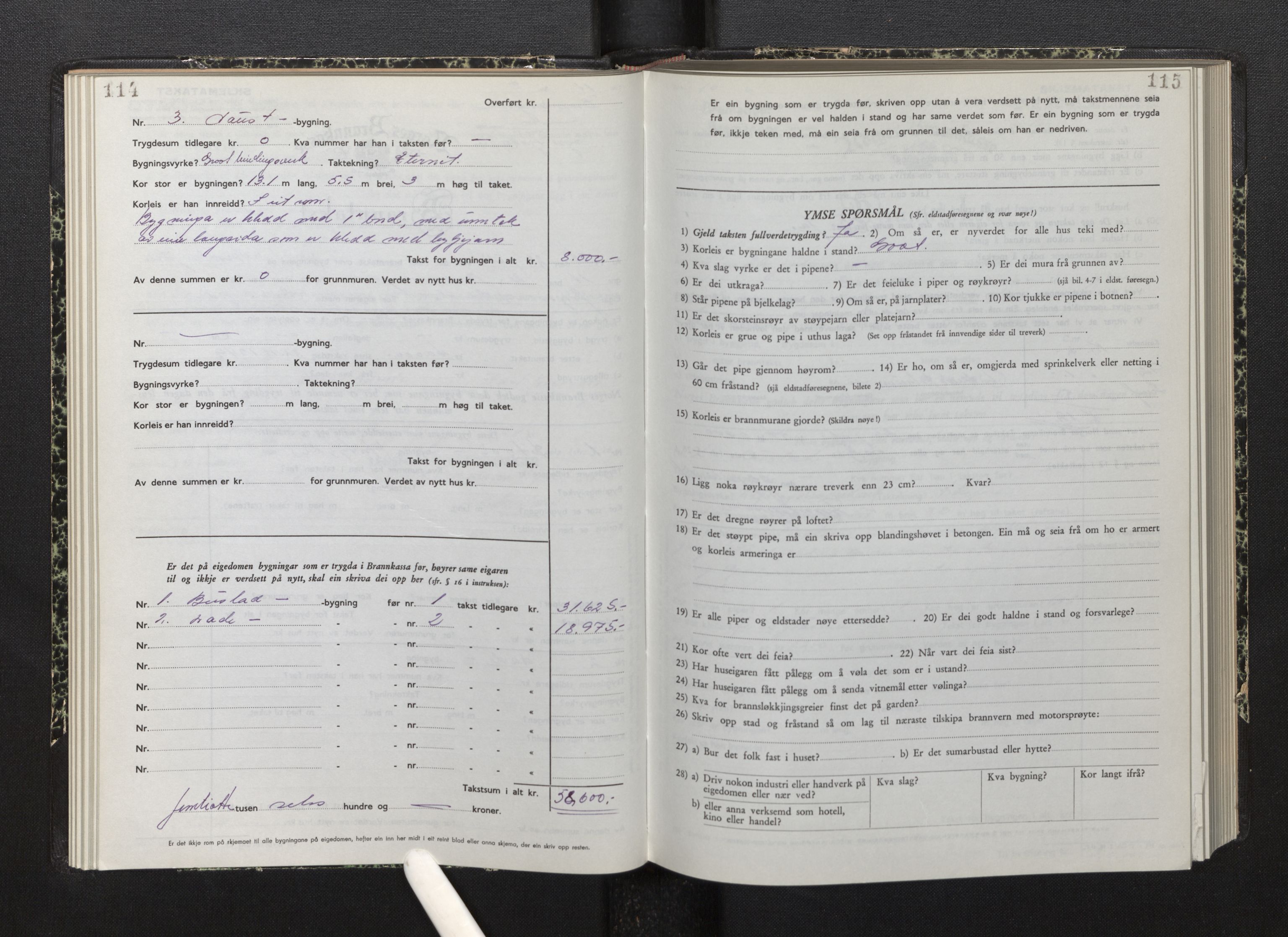 Lensmannen i Bremanger, AV/SAB-A-26701/0012/L0010: Branntakstprotokoll, skjematakst, 1950-1955, p. 114-115