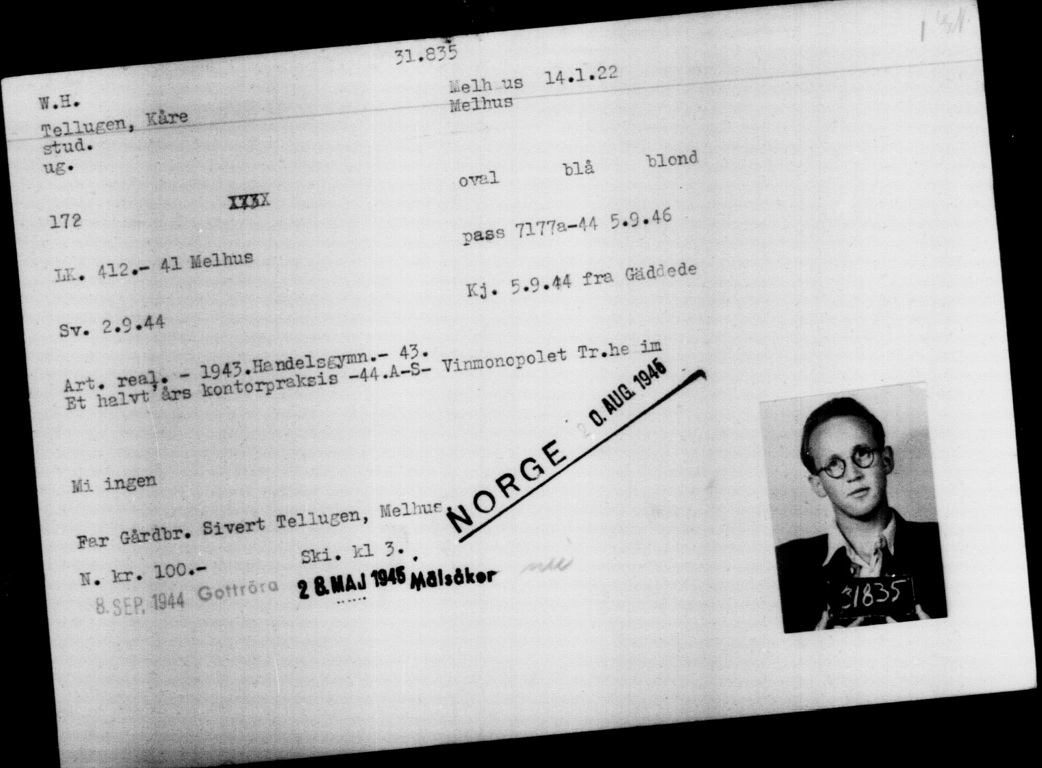 Utenriksstasjonene, Legasjonen i Stockholm, Flyktningkontoret, AV/RA-S-6753/V/Va/L0013: Kjesäterkartoteket, flyktninger med registreringsnr. 31500-34731, 1940-1945, p. 371