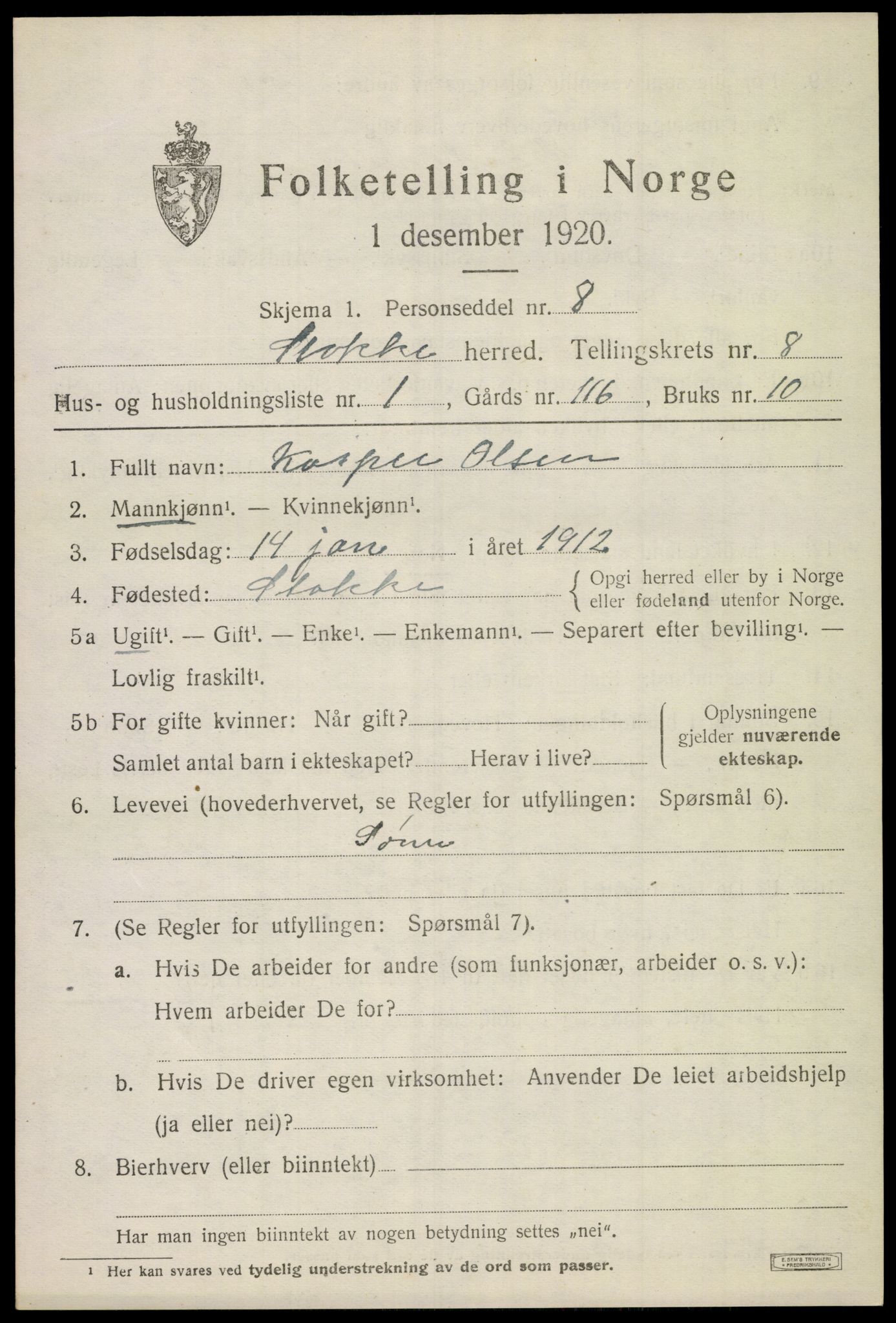 SAKO, 1920 census for Stokke, 1920, p. 9306