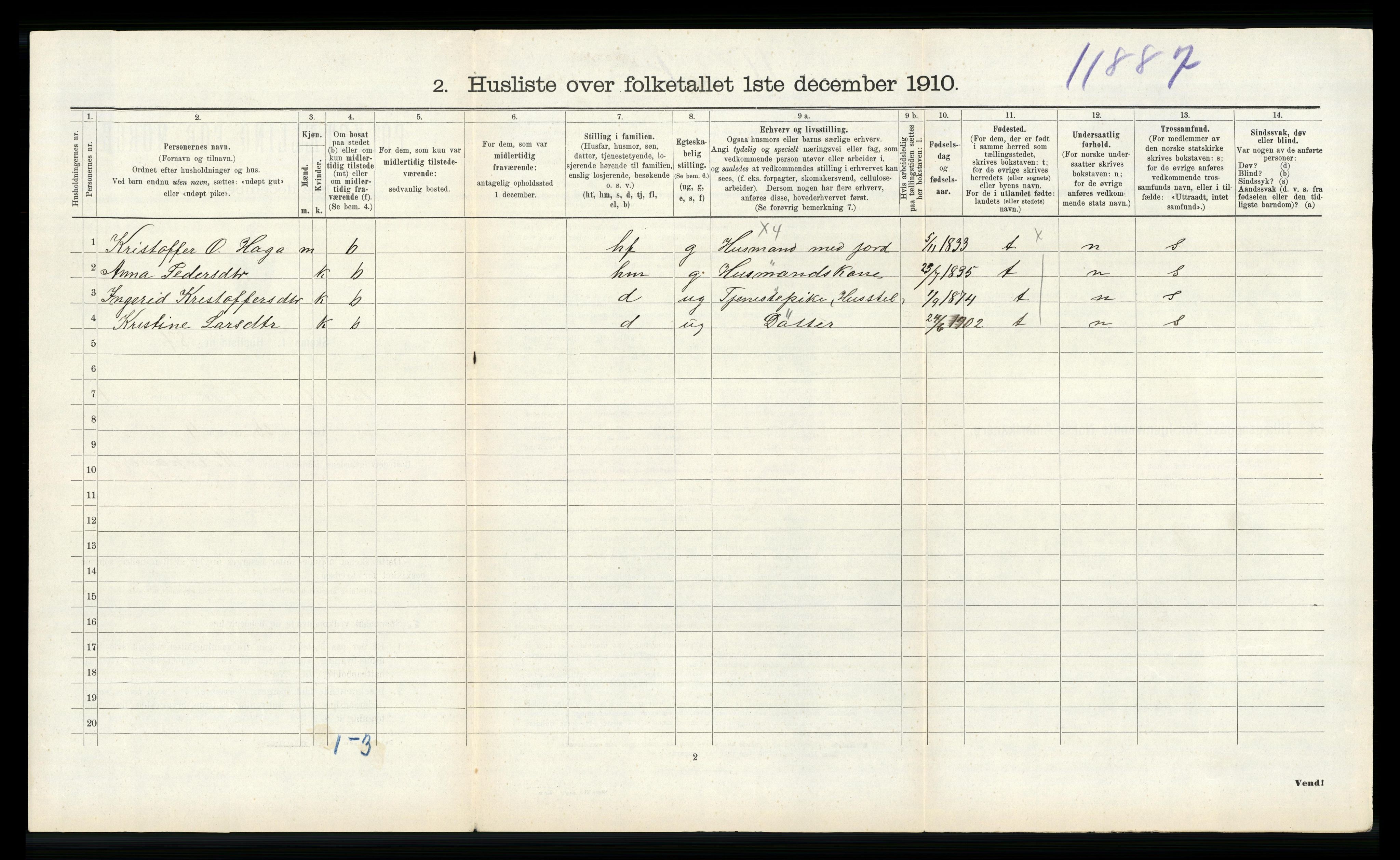 RA, 1910 census for Vossestrand, 1910, p. 200