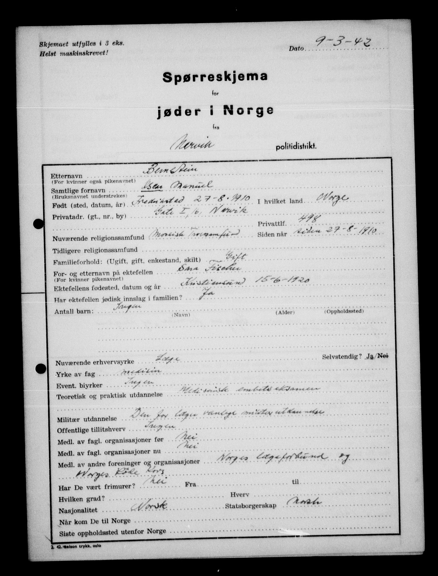 Statspolitiet - Hovedkontoret / Osloavdelingen, AV/RA-S-1329/G/Ga/L0012: Spørreskjema for jøder i Norge. 1: Aker 114- 207 (Levinson-Wozak) og 656 (Salomon). 2: Arendal-Hordaland. 3: Horten-Romerike.  , 1942, p. 808