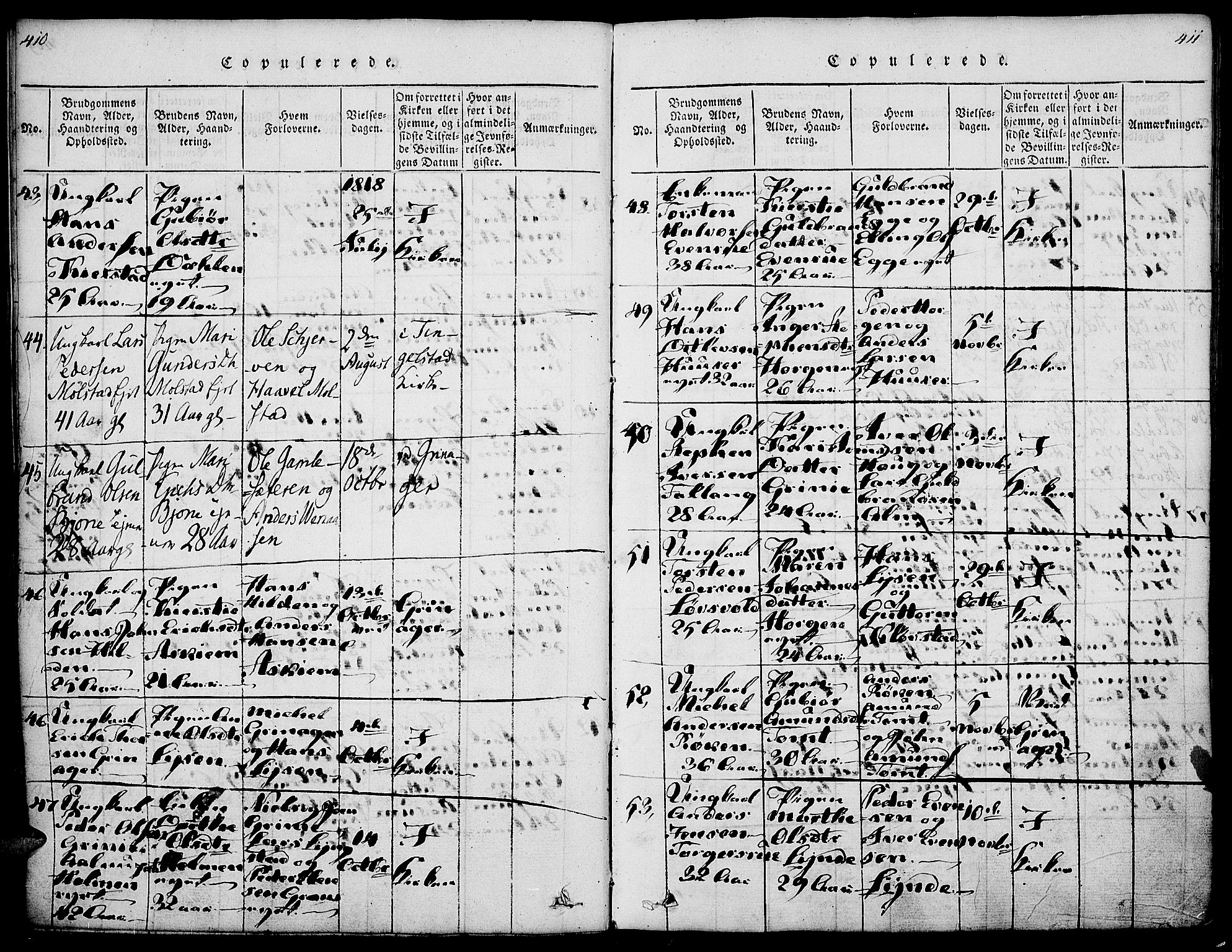 Gran prestekontor, SAH/PREST-112/H/Ha/Haa/L0009: Parish register (official) no. 9, 1815-1824, p. 410-411