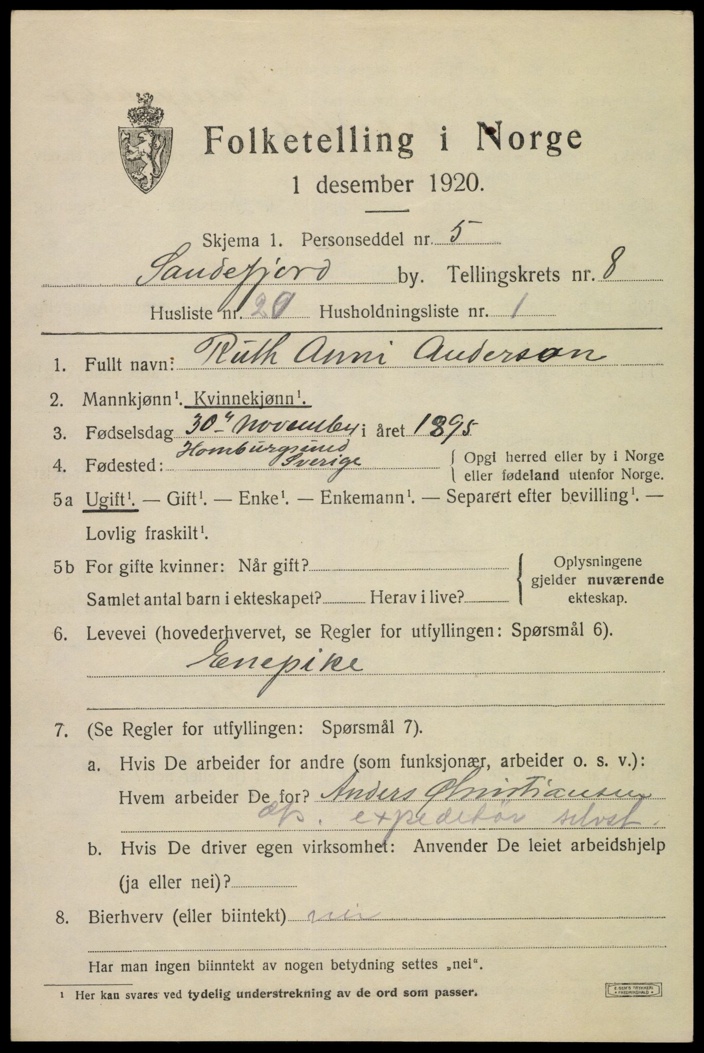 SAKO, 1920 census for Sandefjord, 1920, p. 12050