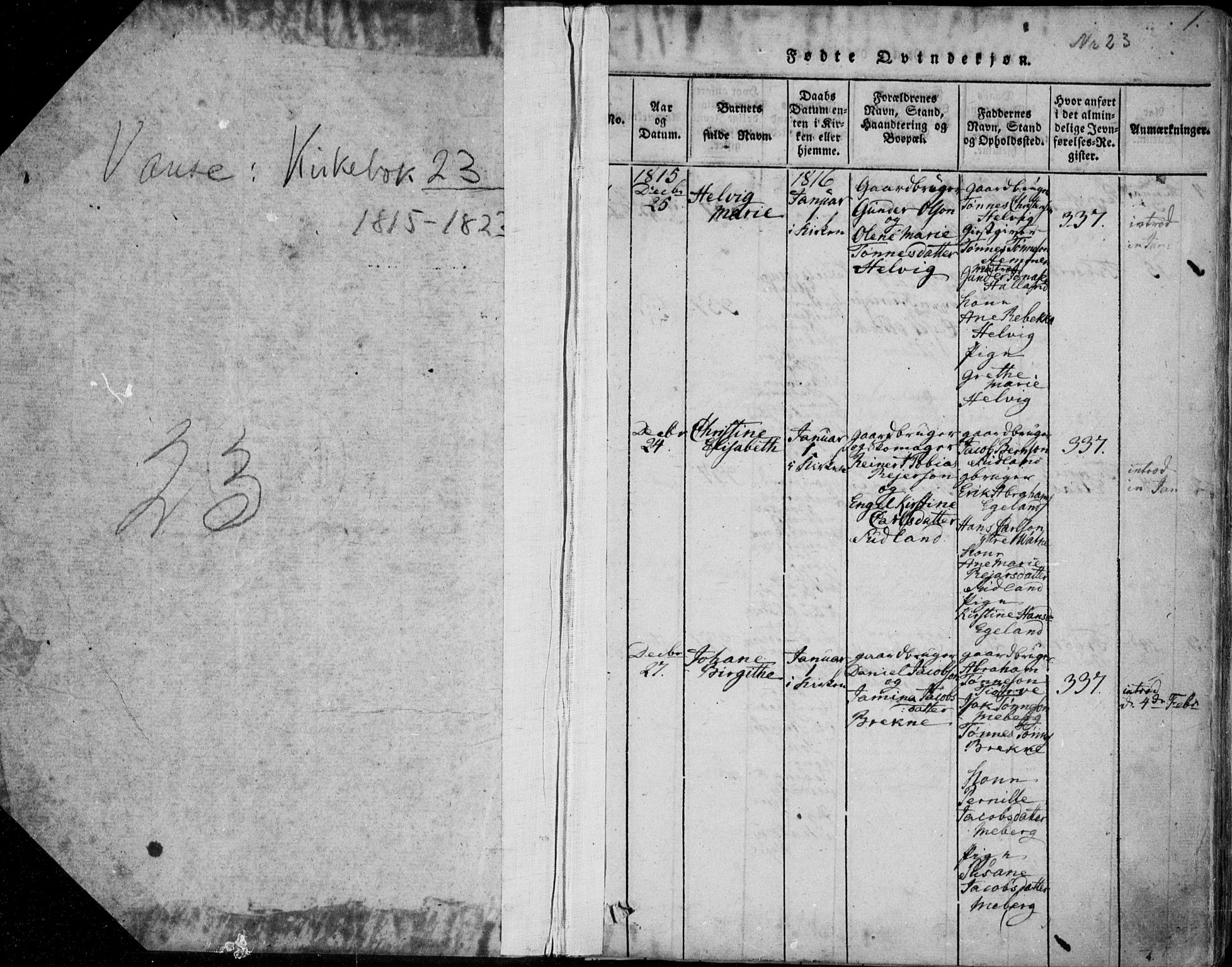 Lista sokneprestkontor, SAK/1111-0027/F/Fa/L0007: Parish register (official) no. A 7, 1816-1823, p. 1