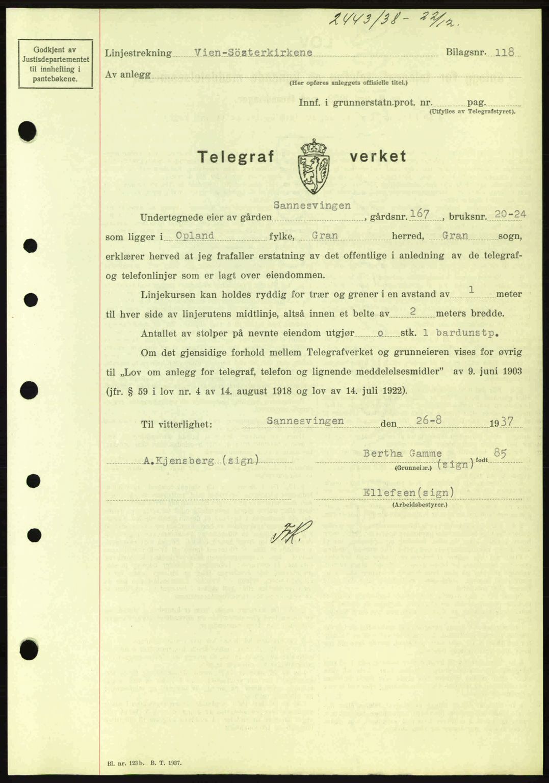 Hadeland og Land tingrett, AV/SAH-TING-010/H/Hb/Hbb/L0077: Mortgage book no. A77, 1938-1939, Diary no: : 2443/1938