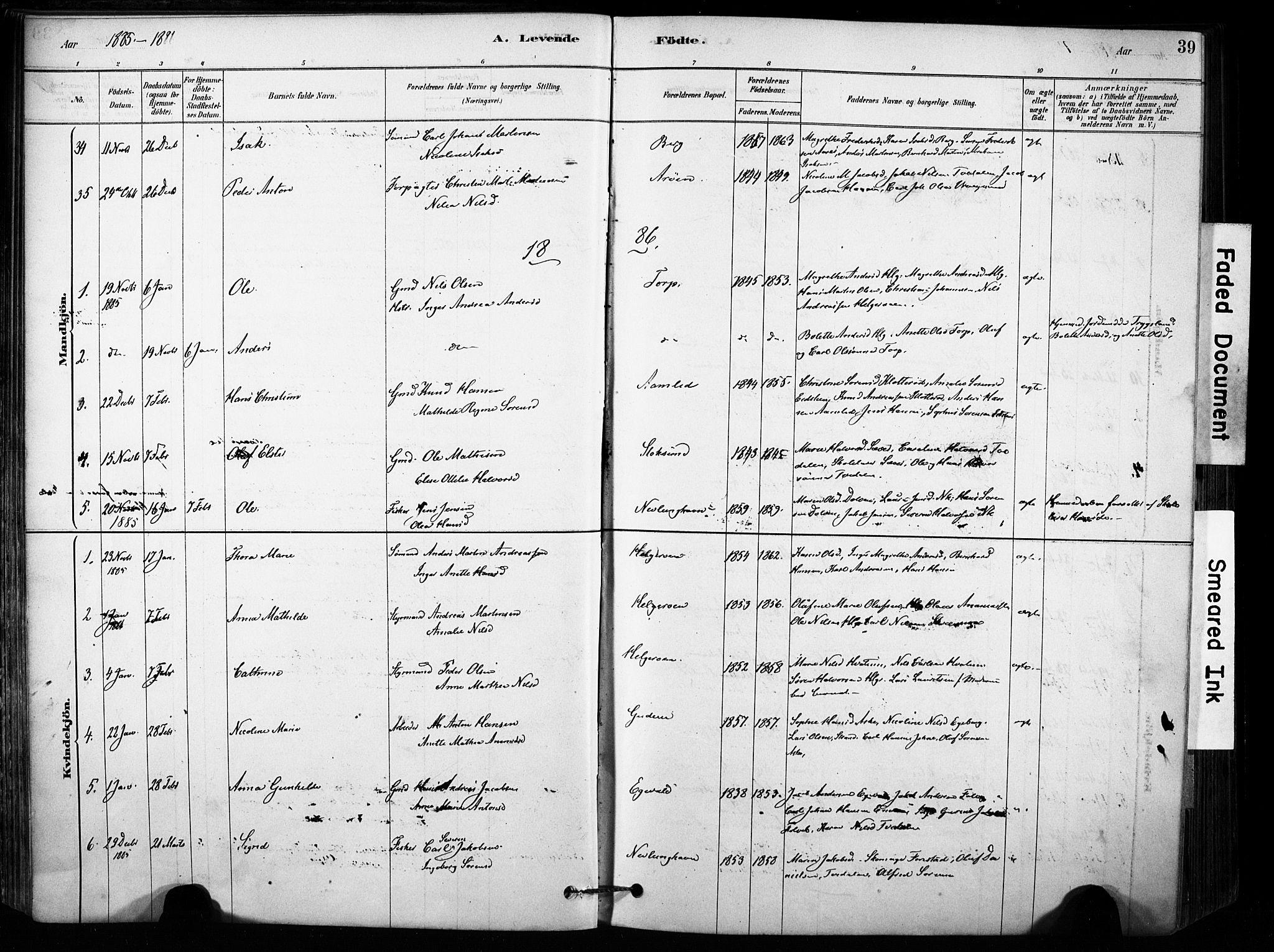 Brunlanes kirkebøker, SAKO/A-342/F/Fb/L0001: Parish register (official) no. II 1, 1878-1899, p. 39