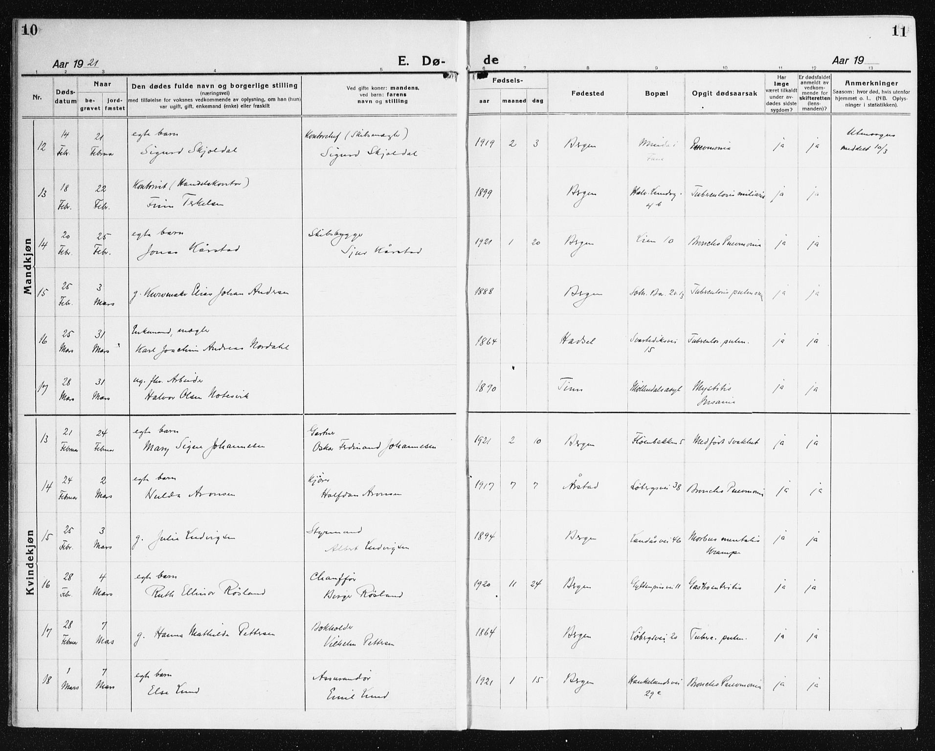 Årstad Sokneprestembete, AV/SAB-A-79301/H/Haa/L0010: Parish register (official) no. E 1, 1921-1940, p. 10-11