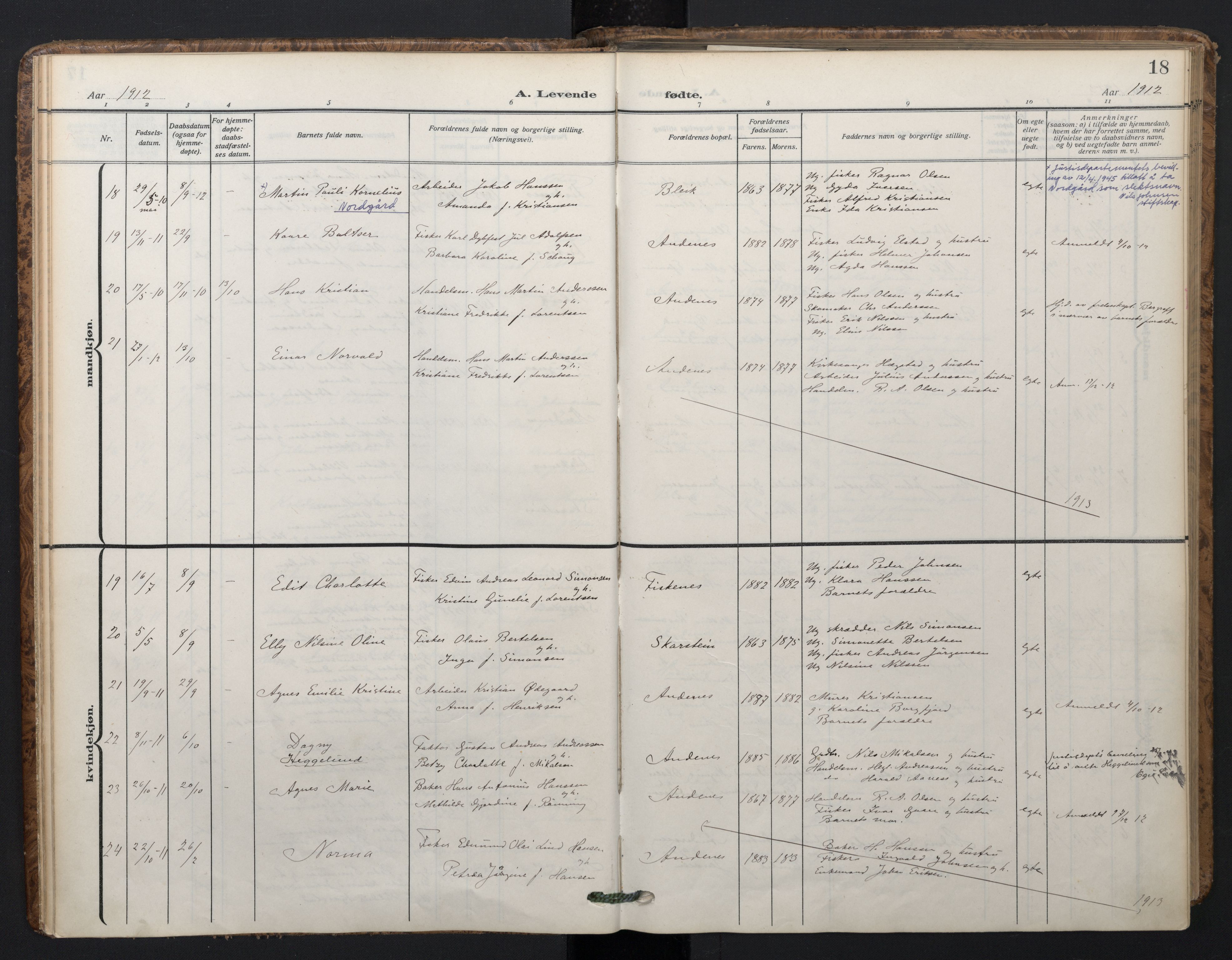 Ministerialprotokoller, klokkerbøker og fødselsregistre - Nordland, SAT/A-1459/899/L1438: Parish register (official) no. 899A06, 1909-1922, p. 18