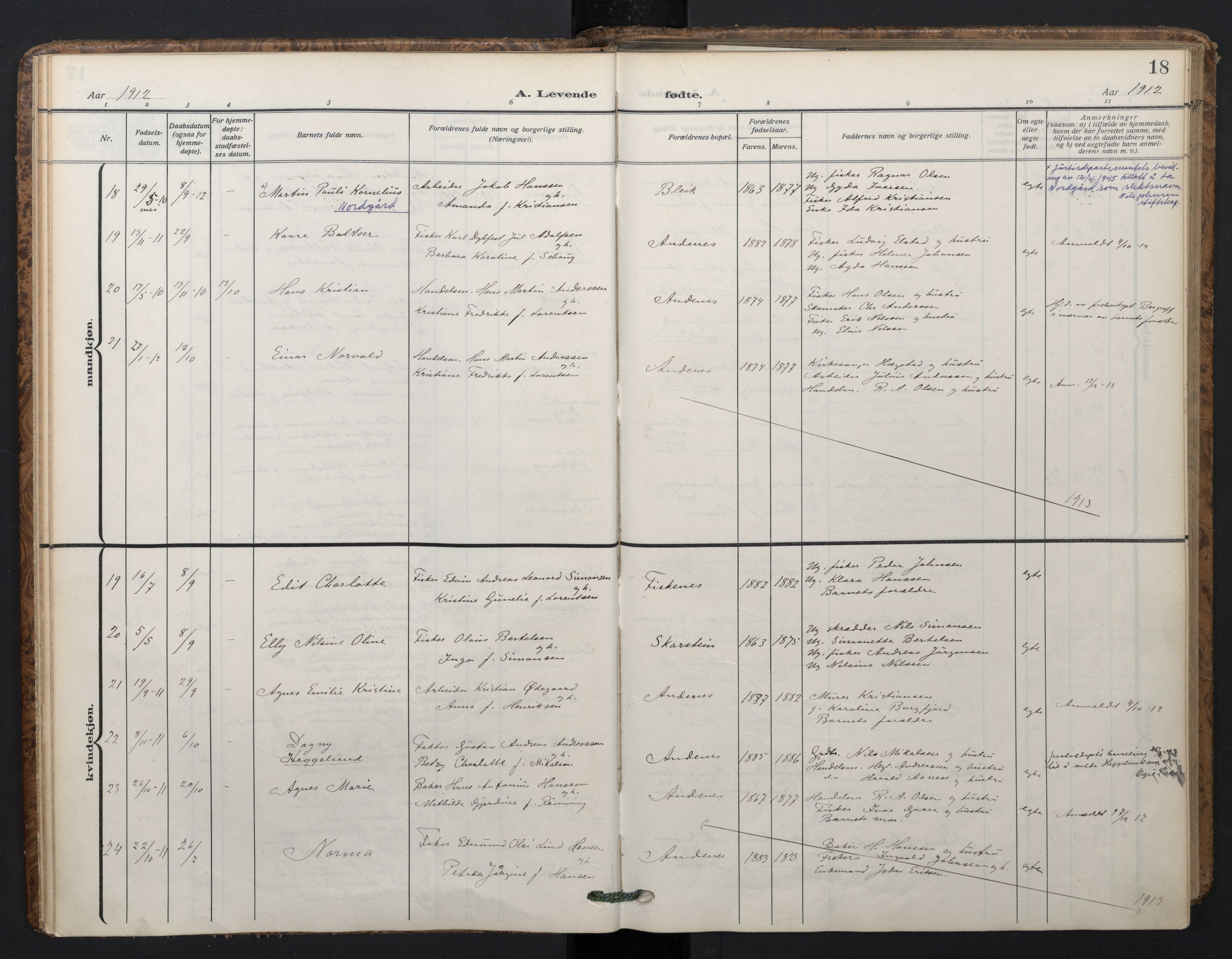 Ministerialprotokoller, klokkerbøker og fødselsregistre - Nordland, AV/SAT-A-1459/899/L1438: Parish register (official) no. 899A06, 1909-1922, p. 18