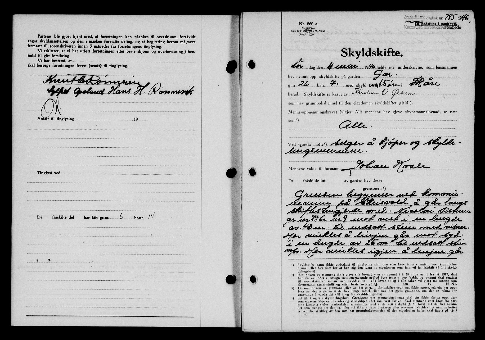 Karmsund sorenskriveri, AV/SAST-A-100311/01/II/IIB/L0085: Mortgage book no. 66A, 1946-1946, Diary no: : 785/1946