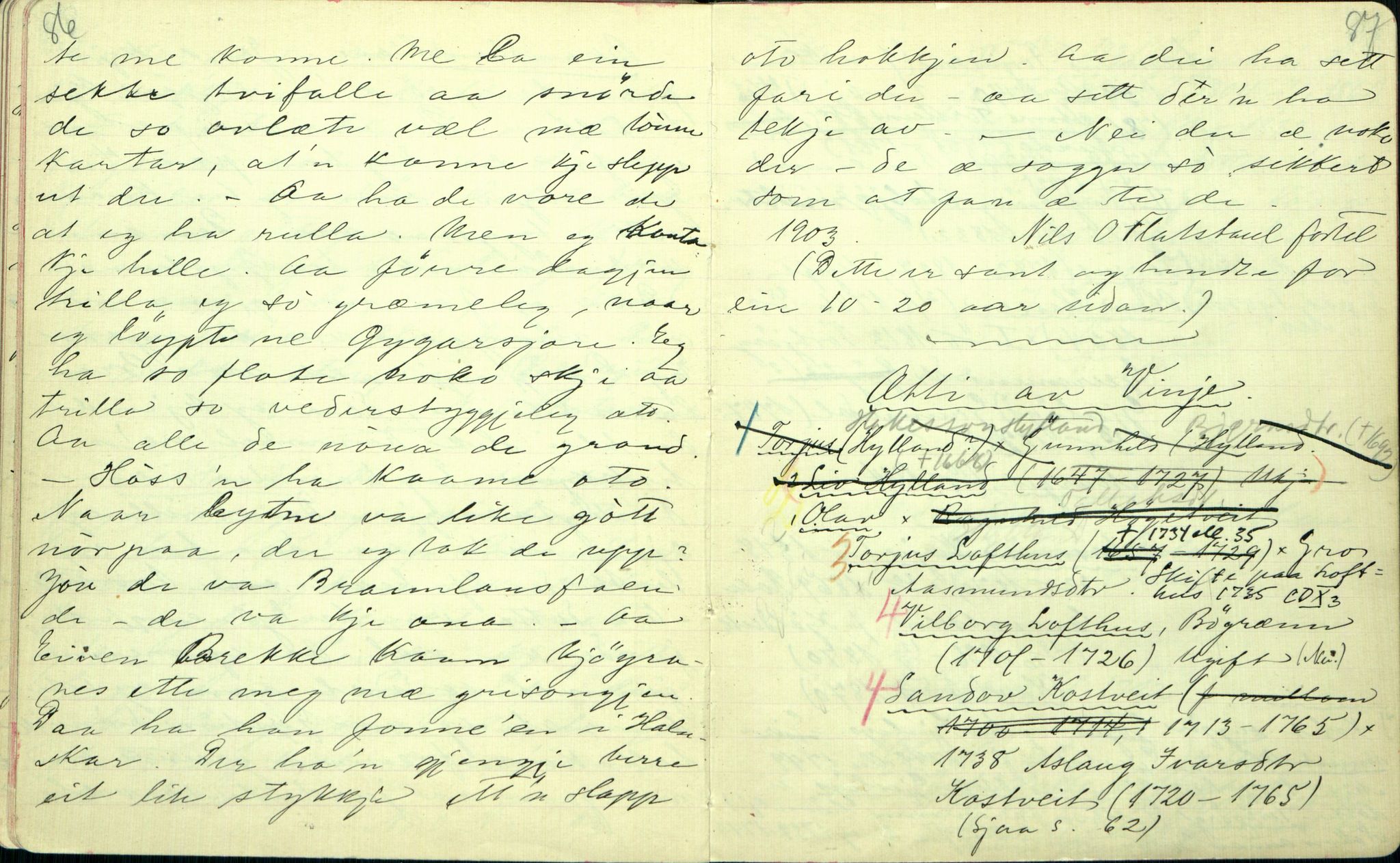 Rikard Berge, TEMU/TGM-A-1003/F/L0001/0025: 001-030 Innholdslister / 21. Biografi, ættesogur, 1902-1903, p. 86-87