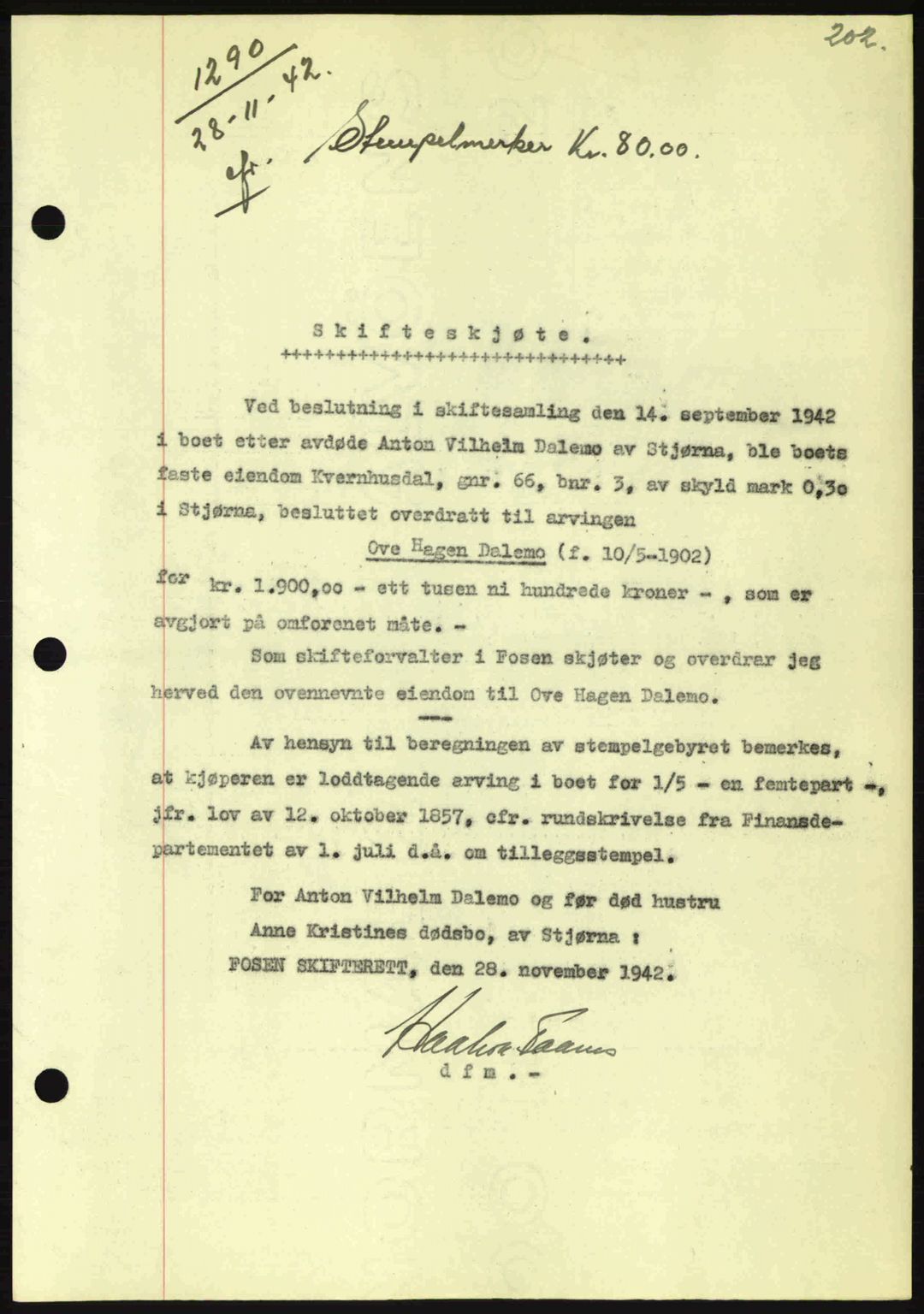 Fosen sorenskriveri, AV/SAT-A-1107/1/2/2C: Mortgage book no. A2, 1942-1943, Diary no: : 1290/1942