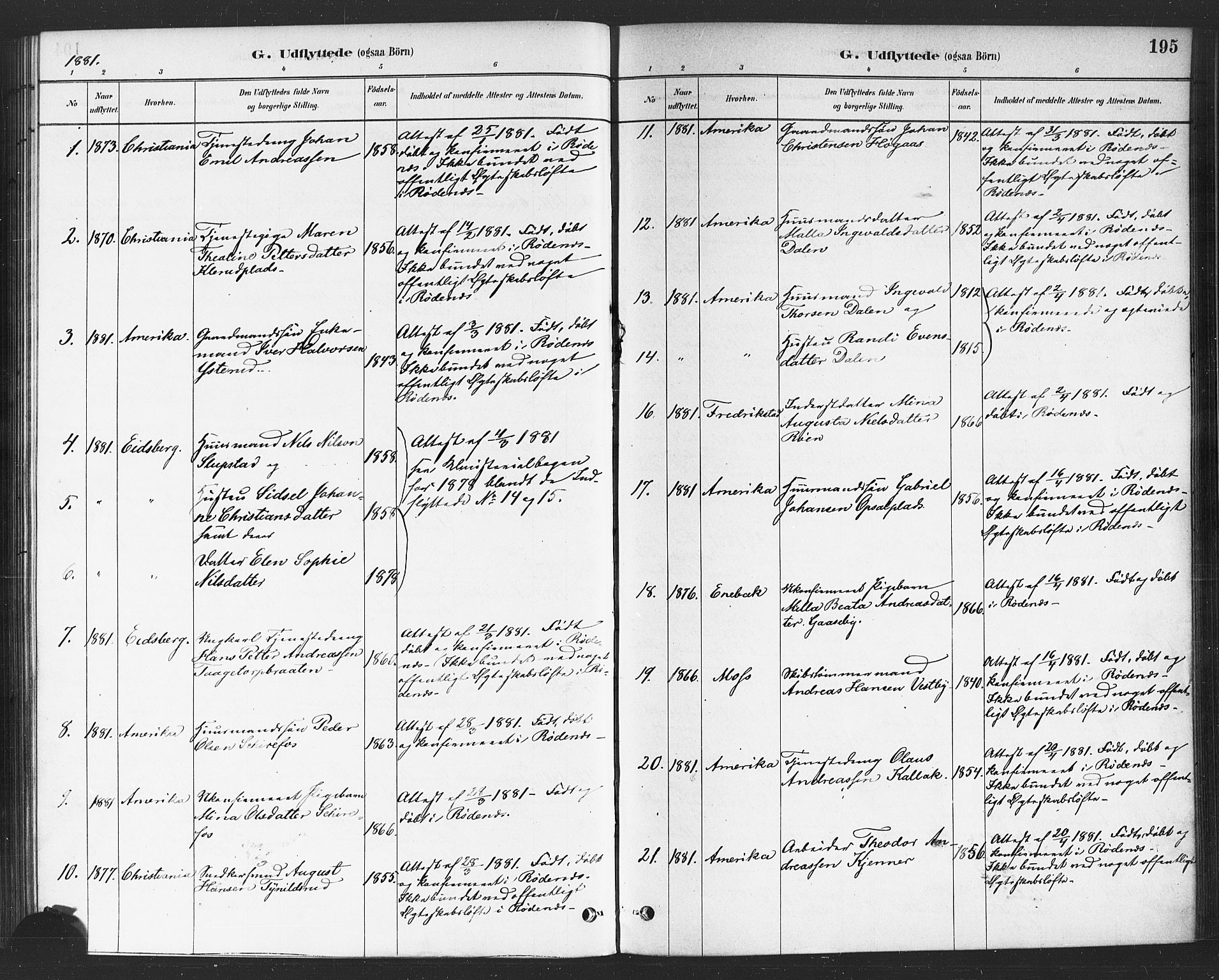 Rødenes prestekontor Kirkebøker, AV/SAO-A-2005/F/Fa/L0009: Parish register (official) no. I 9, 1880-1889, p. 195