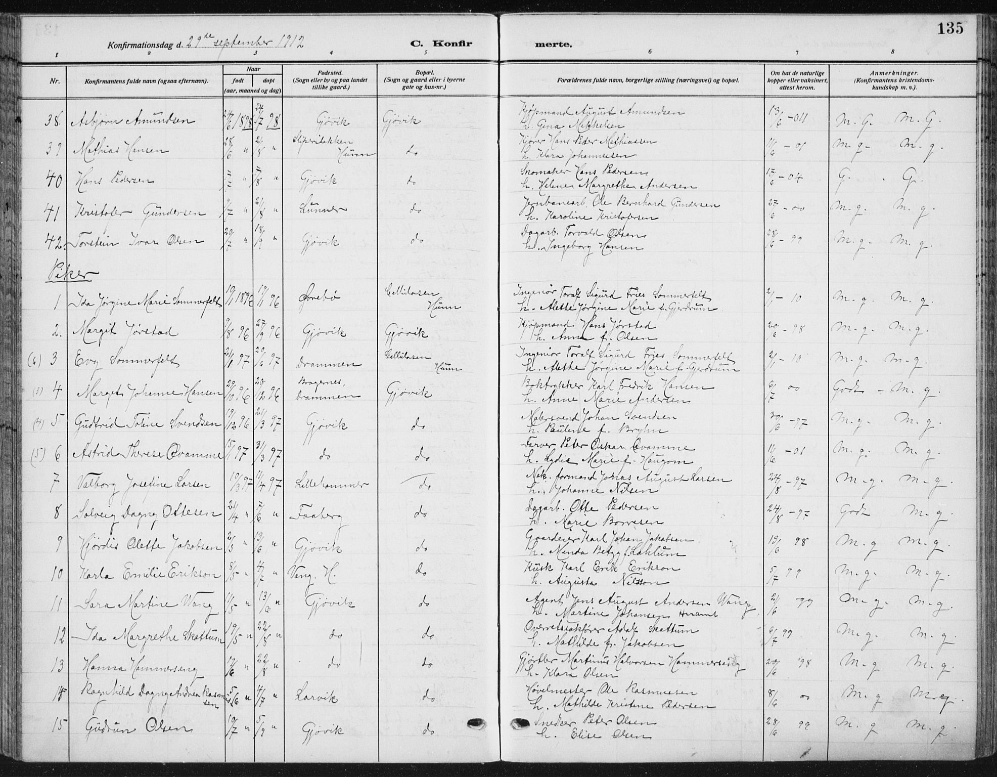 Vardal prestekontor, AV/SAH-PREST-100/H/Ha/Haa/L0014: Parish register (official) no. 14, 1912-1922, p. 135