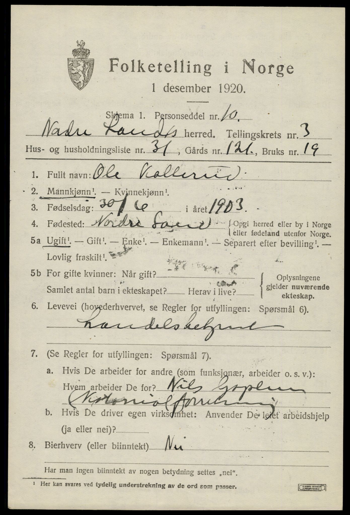 SAH, 1920 census for Nordre Land, 1920, p. 2642