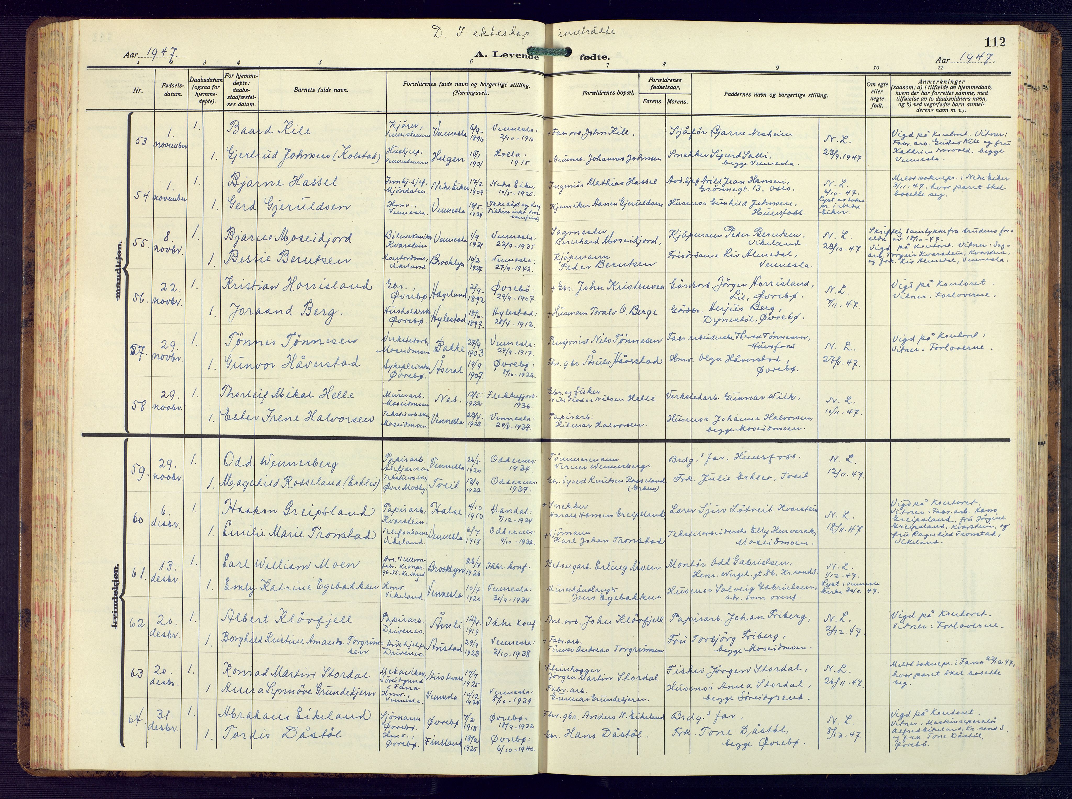 Vennesla sokneprestkontor, SAK/1111-0045/Fb/Fbb/L0008: Parish register (copy) no. B 8, 1934-1947, p. 112