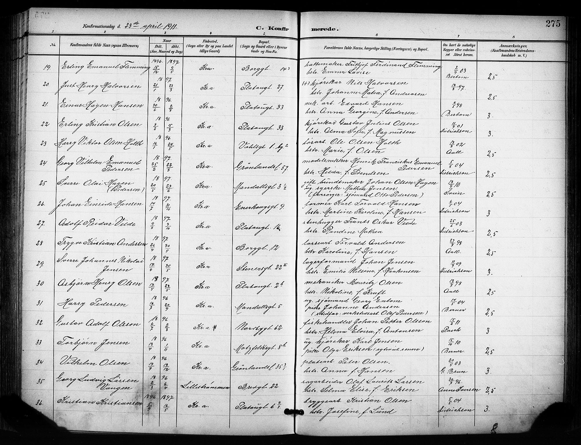 Grønland prestekontor Kirkebøker, SAO/A-10848/F/Fa/L0015: Parish register (official) no. 15, 1899-1919, p. 275
