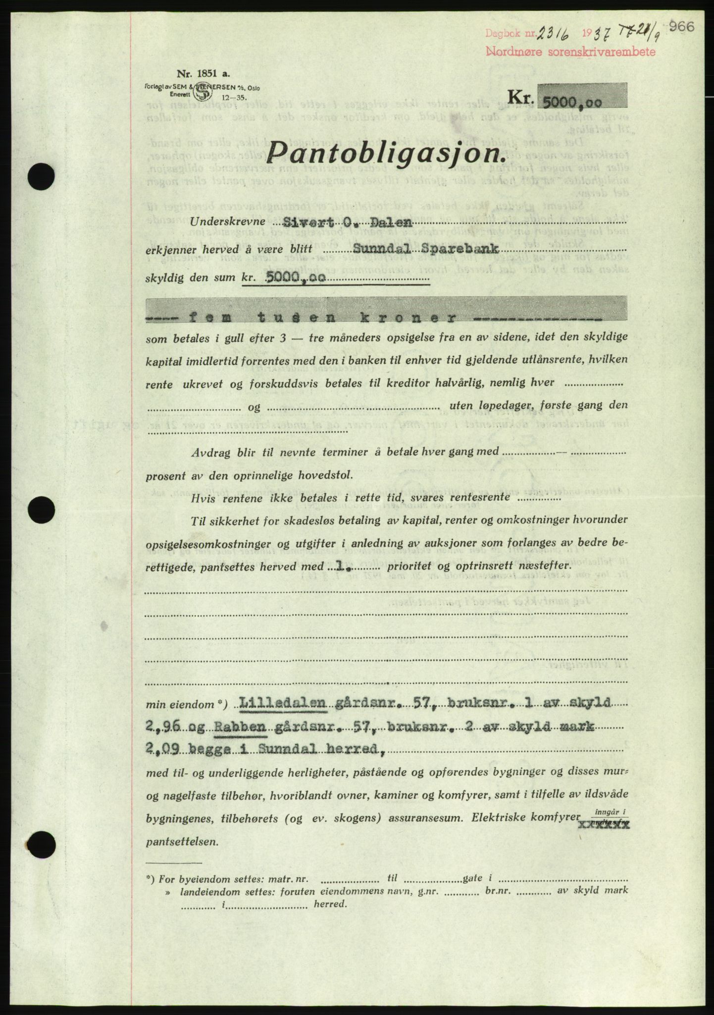 Nordmøre sorenskriveri, AV/SAT-A-4132/1/2/2Ca/L0091: Mortgage book no. B81, 1937-1937, Diary no: : 2316/1937