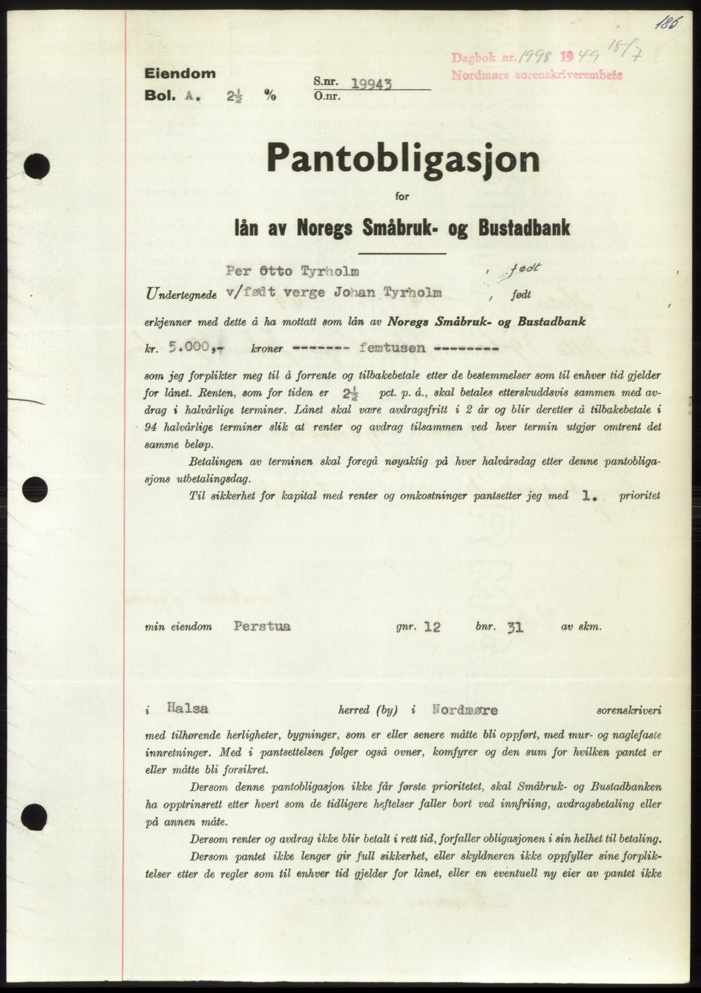 Nordmøre sorenskriveri, AV/SAT-A-4132/1/2/2Ca: Mortgage book no. B102, 1949-1949, Diary no: : 1998/1949